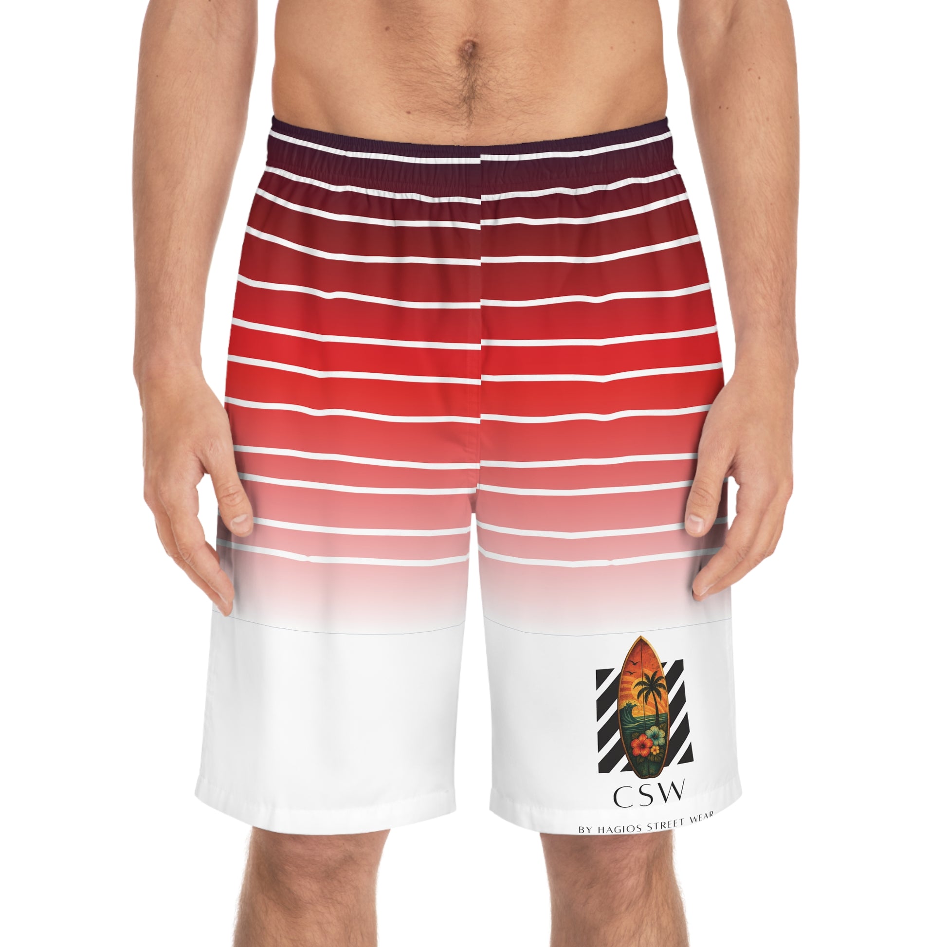 Christian Surf Werar Typography Graphic CSW Men's Board Shorts, Summer Swimwear, Beach Outfit, Casual Vacay Essentials, Stylish Poolside Fashion