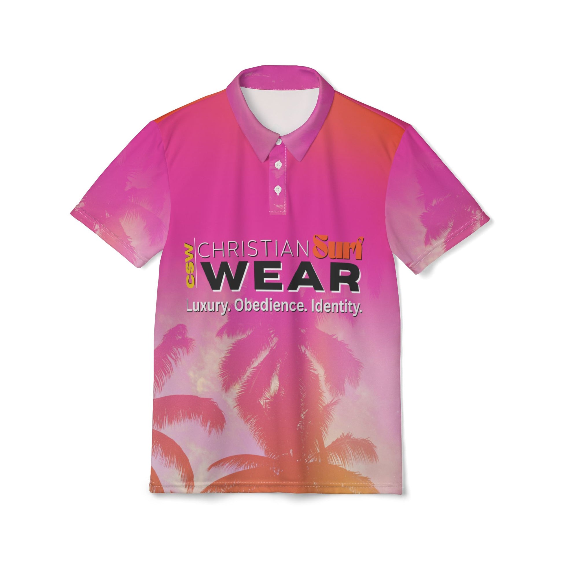 Christian Surf Wear Palm Tree Graphic Sunset Surge Christian Polo Shirt