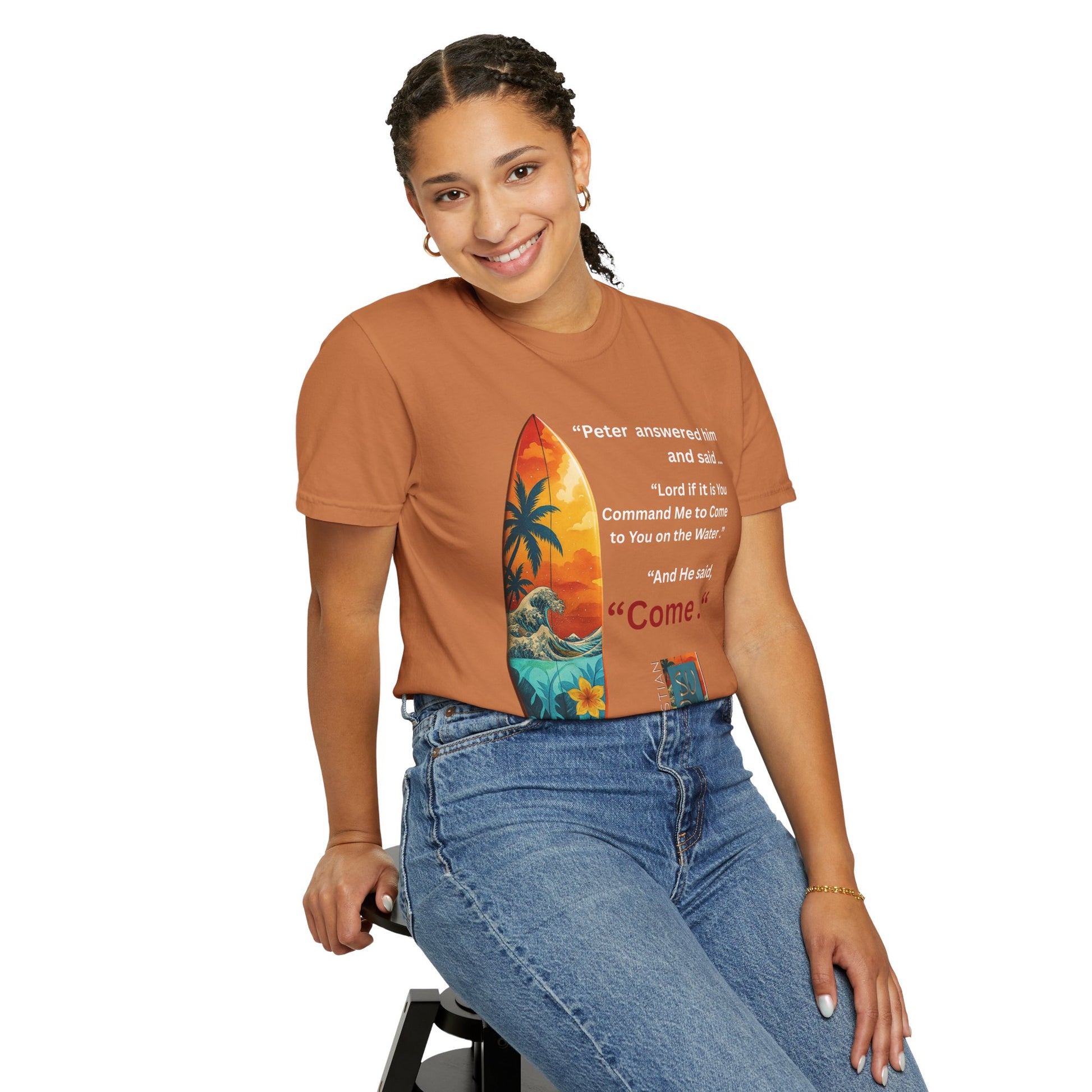 Street Wear Vintage Surf Board Graphic Art Work Unisex T-Shirt - Christian Surf Wear 'Move By Faith' Collection