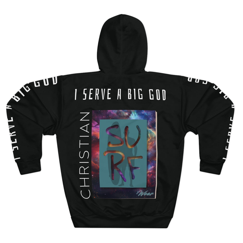Prophetic Surf Style Unisex Pullover Hoodie | Angel Drop Art Shirt, Galaxy Graphic, Streetwear for Believers | I Serve a Big God Faith