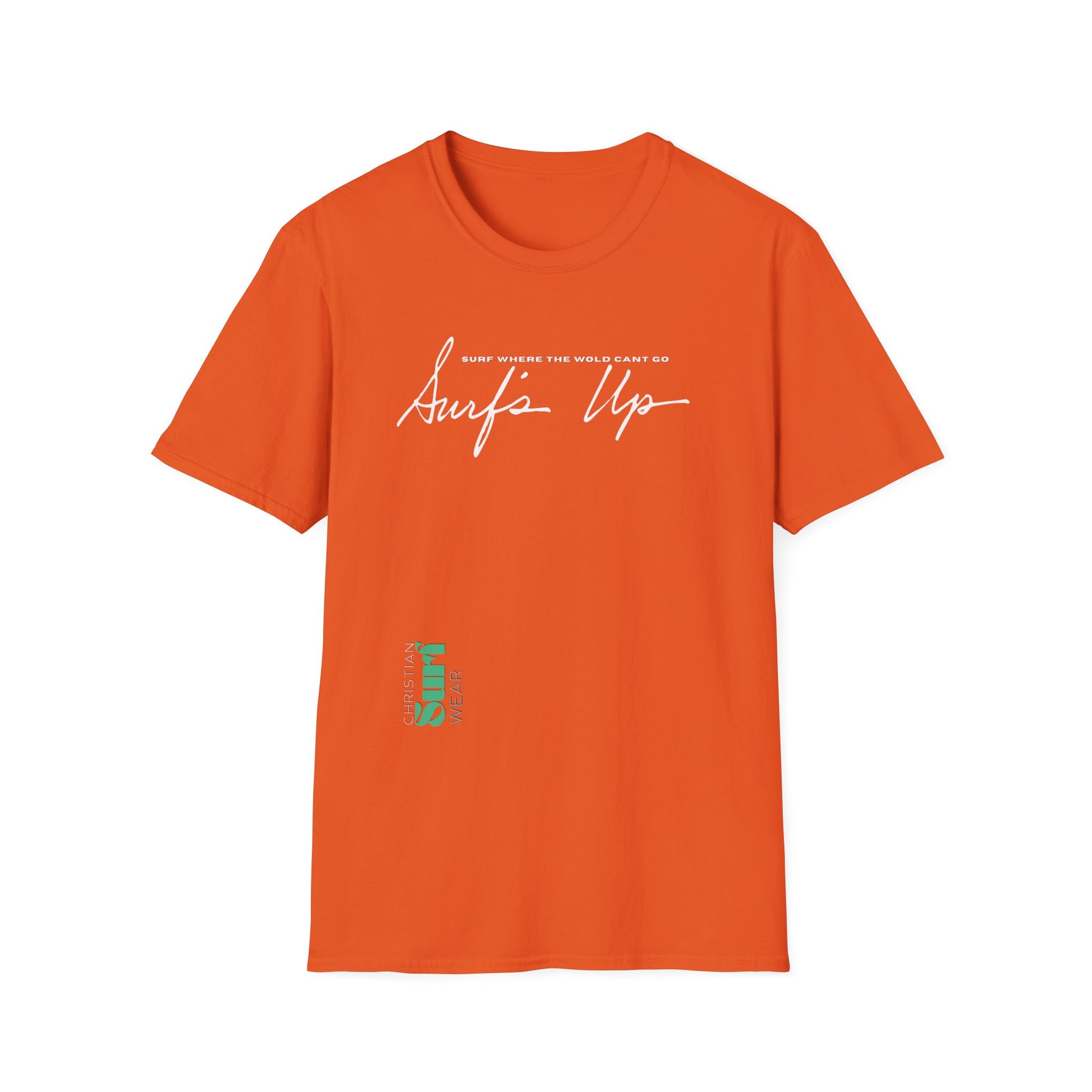 Surf Wear Typography Surf Where the World Can’t Go Graphic Surf’s Up Unisex Softstyle T-Shirt | Beach Vibes, Casual Wear, Gift for Surfers, Summer Style, Christian Apparel