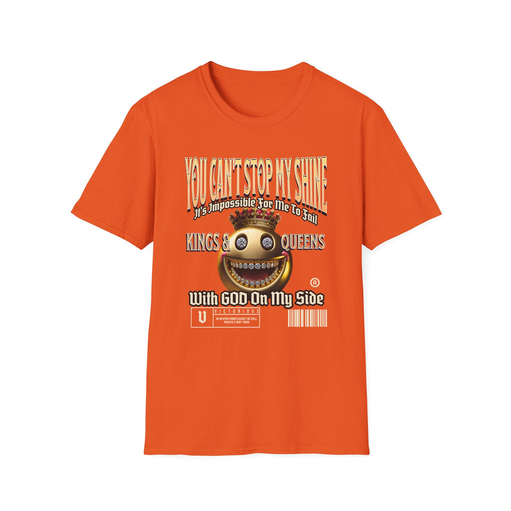By the Bay Orange Kingdom Confidence Graphic Gold Happy Face Emoji Unisex T-Shirt: You Can’t Stop My Shine Tee, With GOD On My Side, Premium Casual-Tee