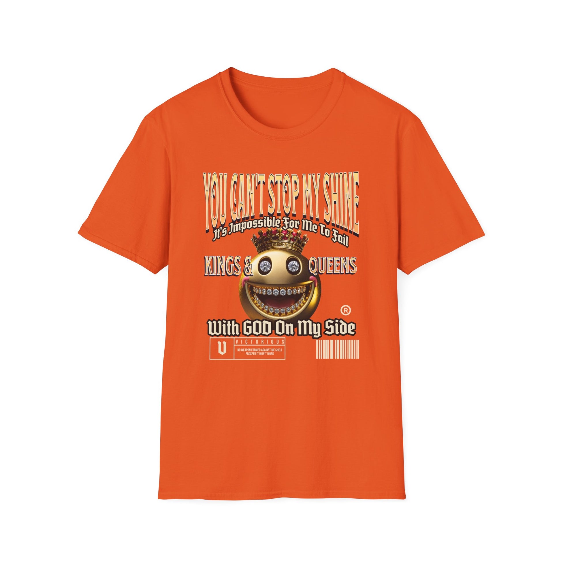 By the Bay Orange Kingdom Confidence Graphic Gold Happy Face Emoji Unisex T-Shirt: You Can’t Stop My Shine Tee, With GOD On My Side, Premium Casual-Tee