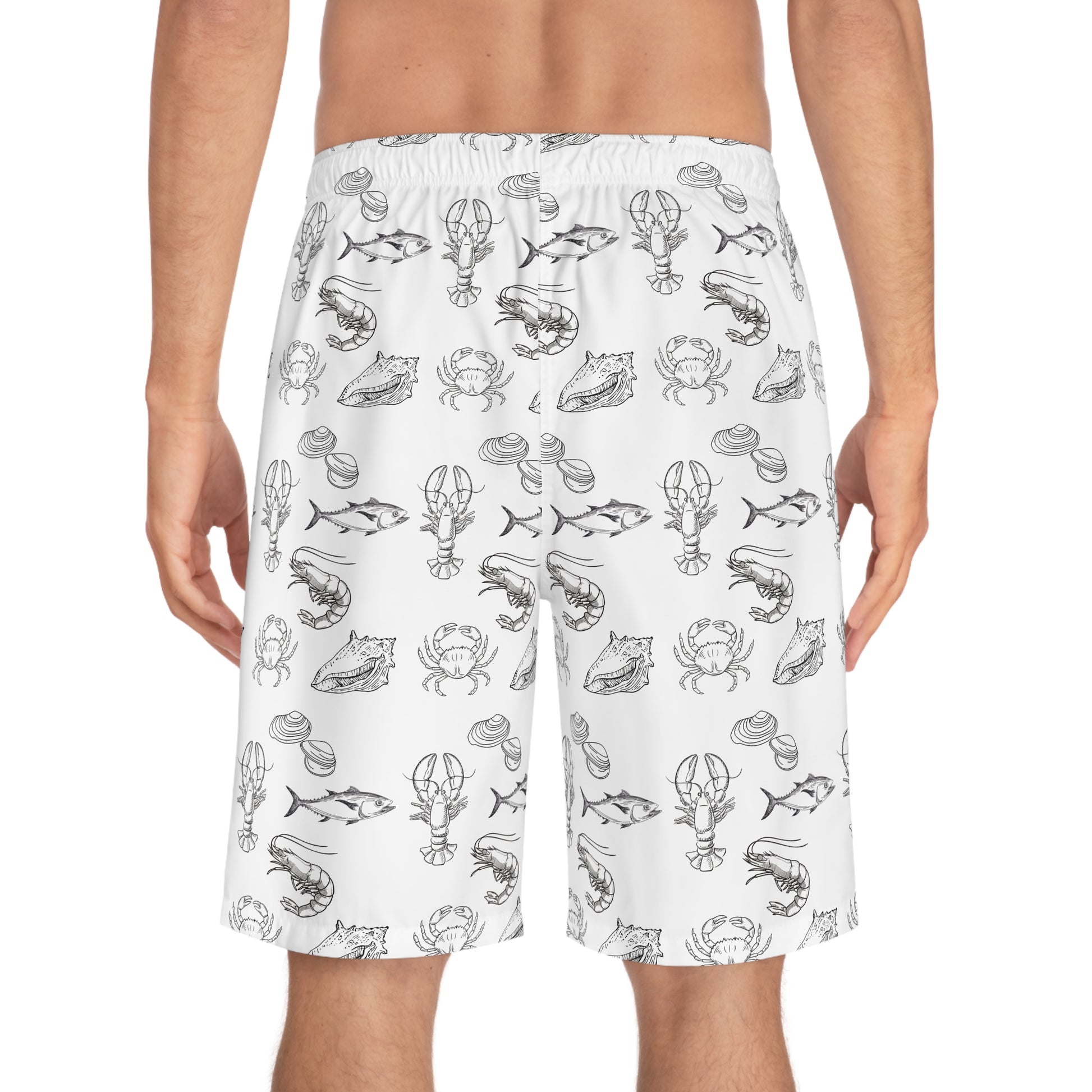 Christian Surf Wear Fish Lobster, Crab, Clams and Conk Graphic Ocean Fishing Adventure Board Shorts, Beachwear, Summer Swim Trunks, Fishing Theme Shorts, Vacation Swimwear, Nautical Gift Idea