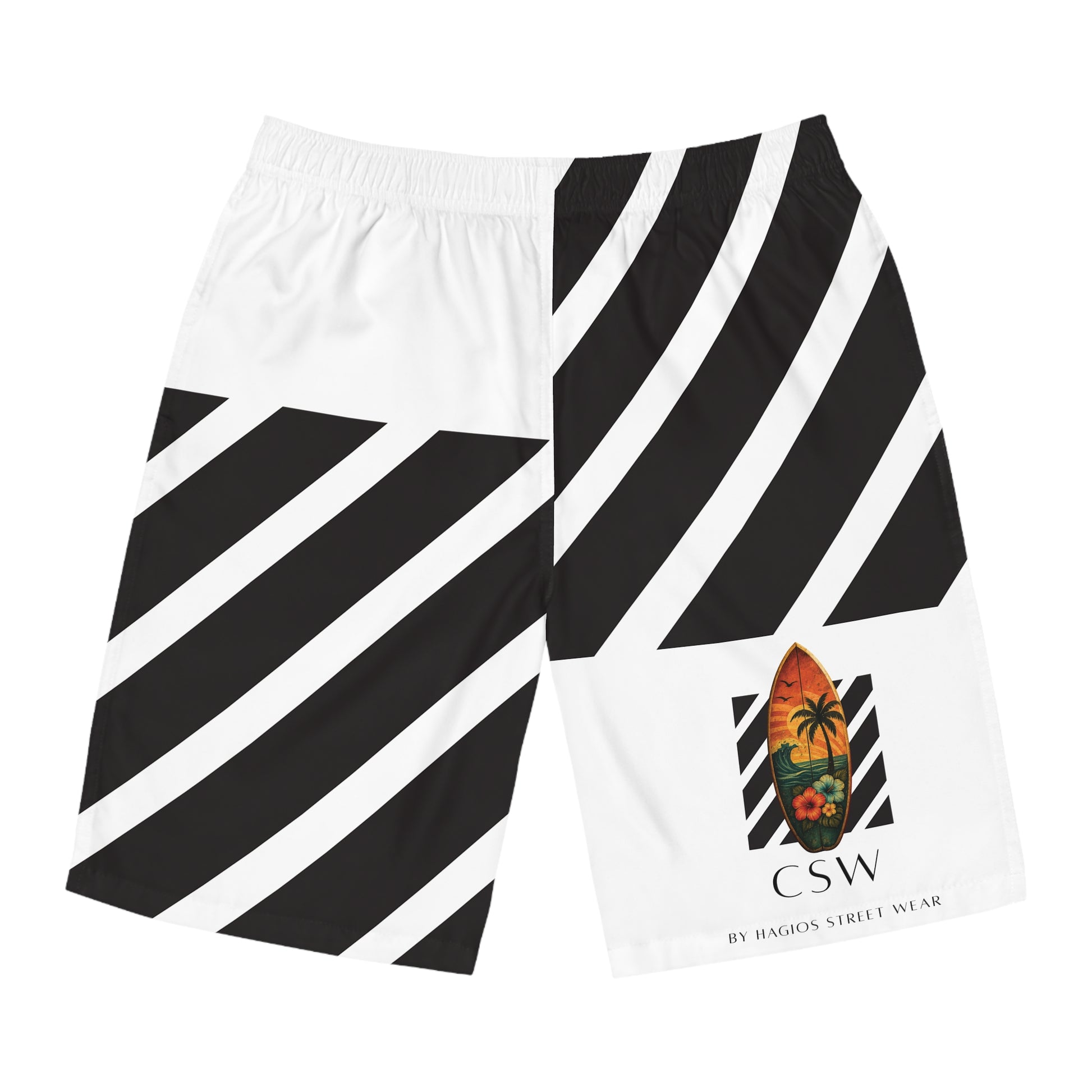 Christian Surf Wear Typography CSW Stylish Men's Board Shorts with Striped Design, Summer Swimwear, Beachwear, Casual Shorts, Vacation Essentials