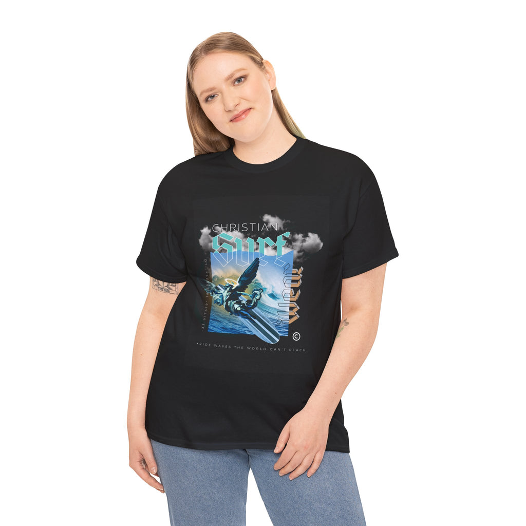 Surf Wear Angle Riding a Surfboard and a wave Graphic -Christian Surf Vibes Unisex Heavy Cotton Tee, Beachwear, Casual Shirt, Gift for Surfers, Summer Top, Spiritual Fashion