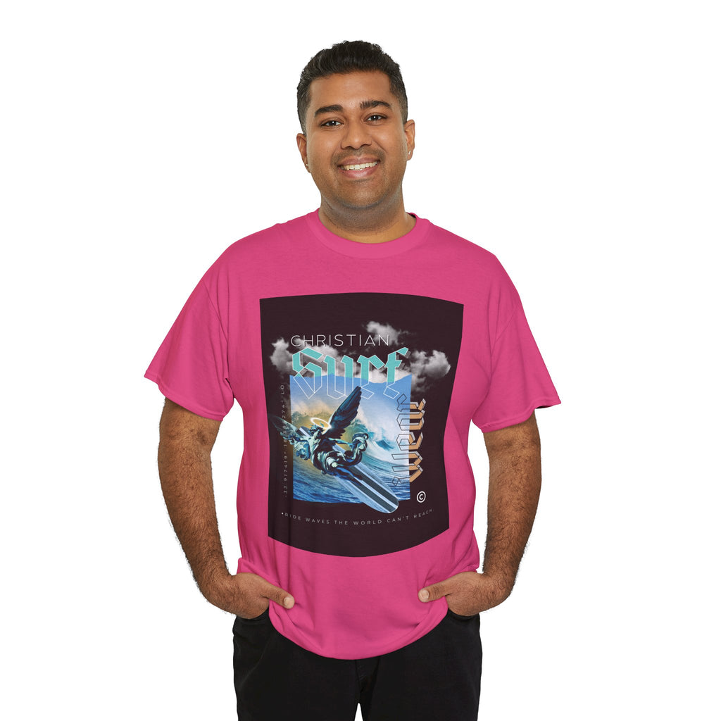 Surf Wear Angle Riding a Surfboard and a wave Graphic -Christian Surf Vibes Unisex Heavy Cotton Tee, Beachwear, Casual Shirt, Gift for Surfers, Summer Top, Spiritual Fashion