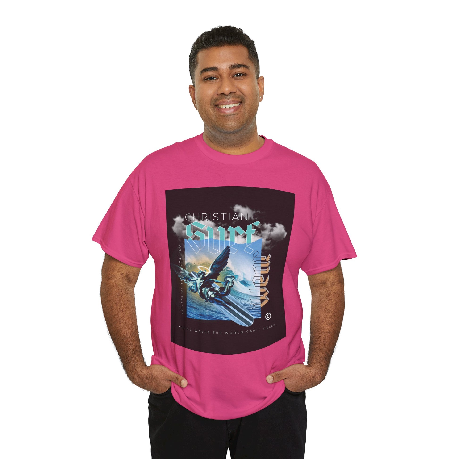 Surf Wear Angle Riding a Surfboard and a wave Graphic -Christian Surf Vibes Unisex Heavy Cotton Tee, Beachwear, Casual Shirt, Gift for Surfers, Summer Top, Spiritual Fashion
