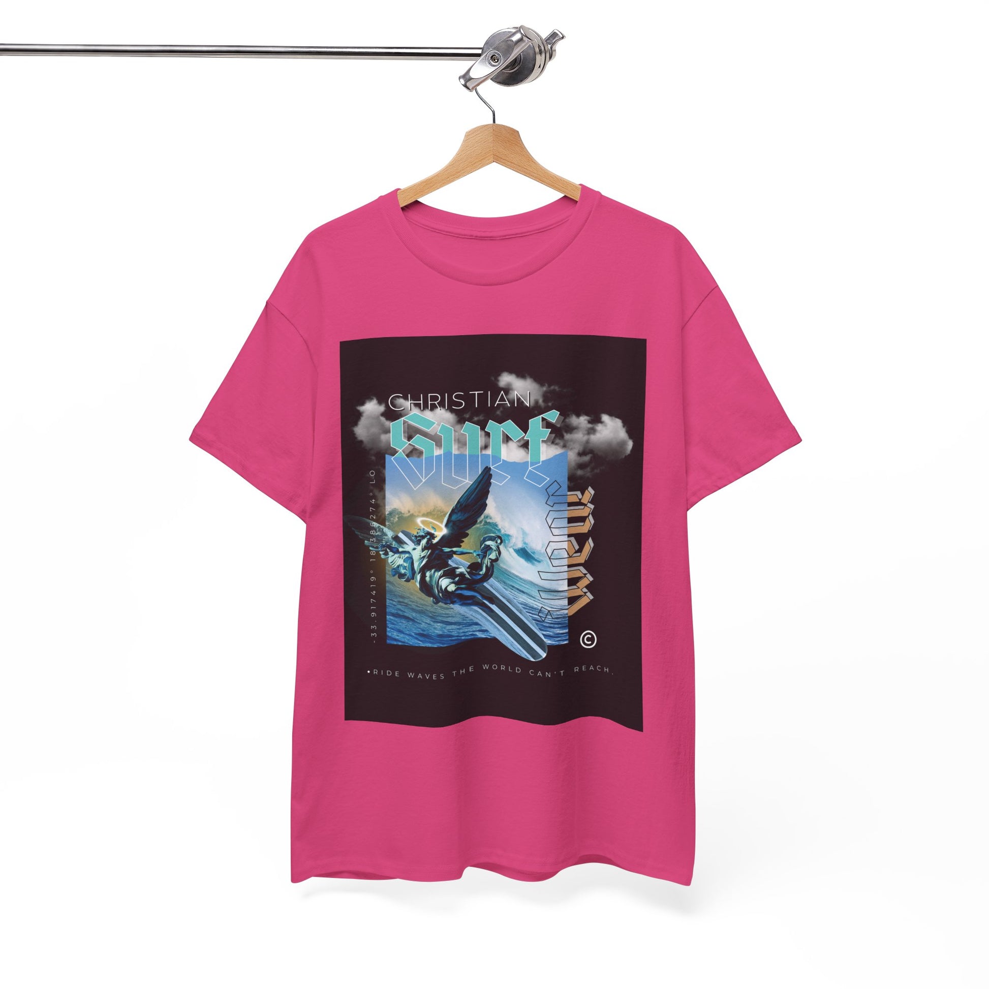 Surf Wear Angle Riding a Surfboard and a wave Graphic -Christian Surf Vibes Unisex Heavy Cotton Tee, Beachwear, Casual Shirt, Gift for Surfers, Summer Top, Spiritual Fashion