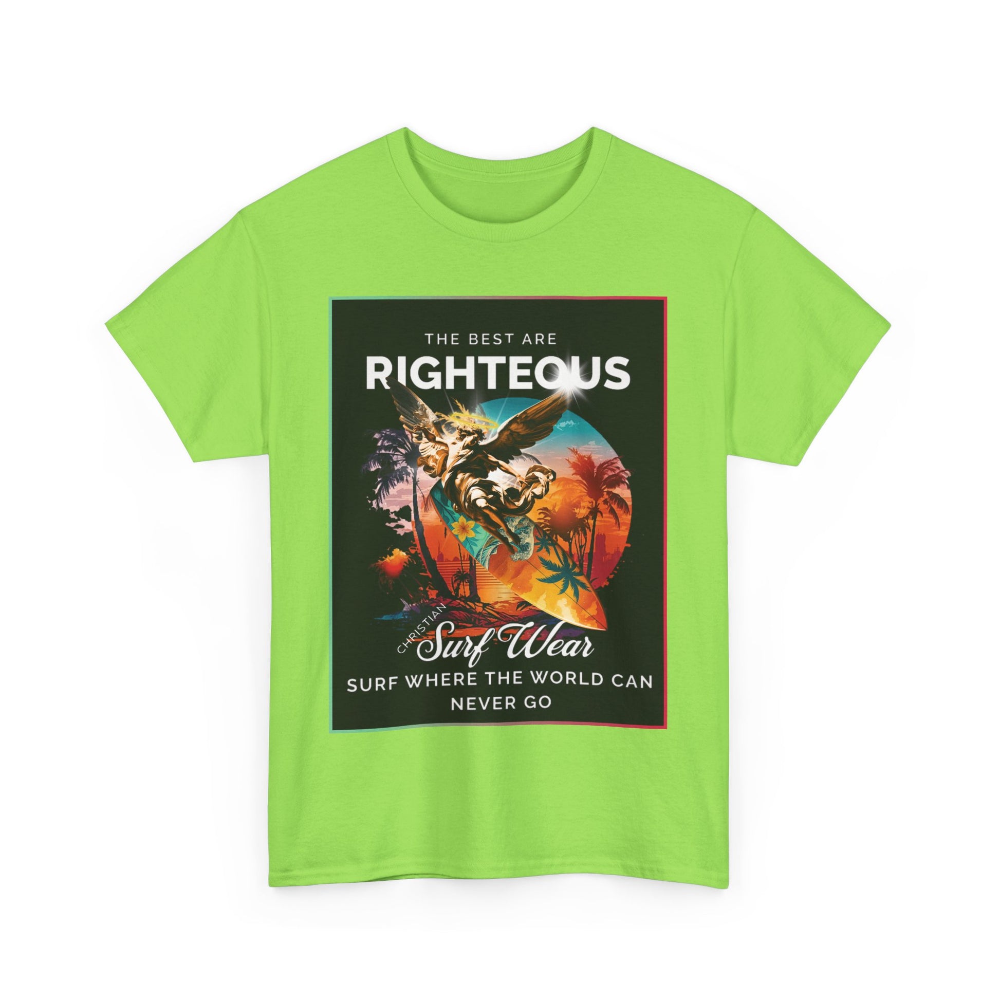 Angle at Work Surf Wear Vintage Beach Graphic - Angle riding a Surfboard Graphic Surfing Righteous Unisex Heavy Cotton Tee, Beachwear, Christian T-Shirt, Summer Fashion, Casual Style, Gift for Surfers