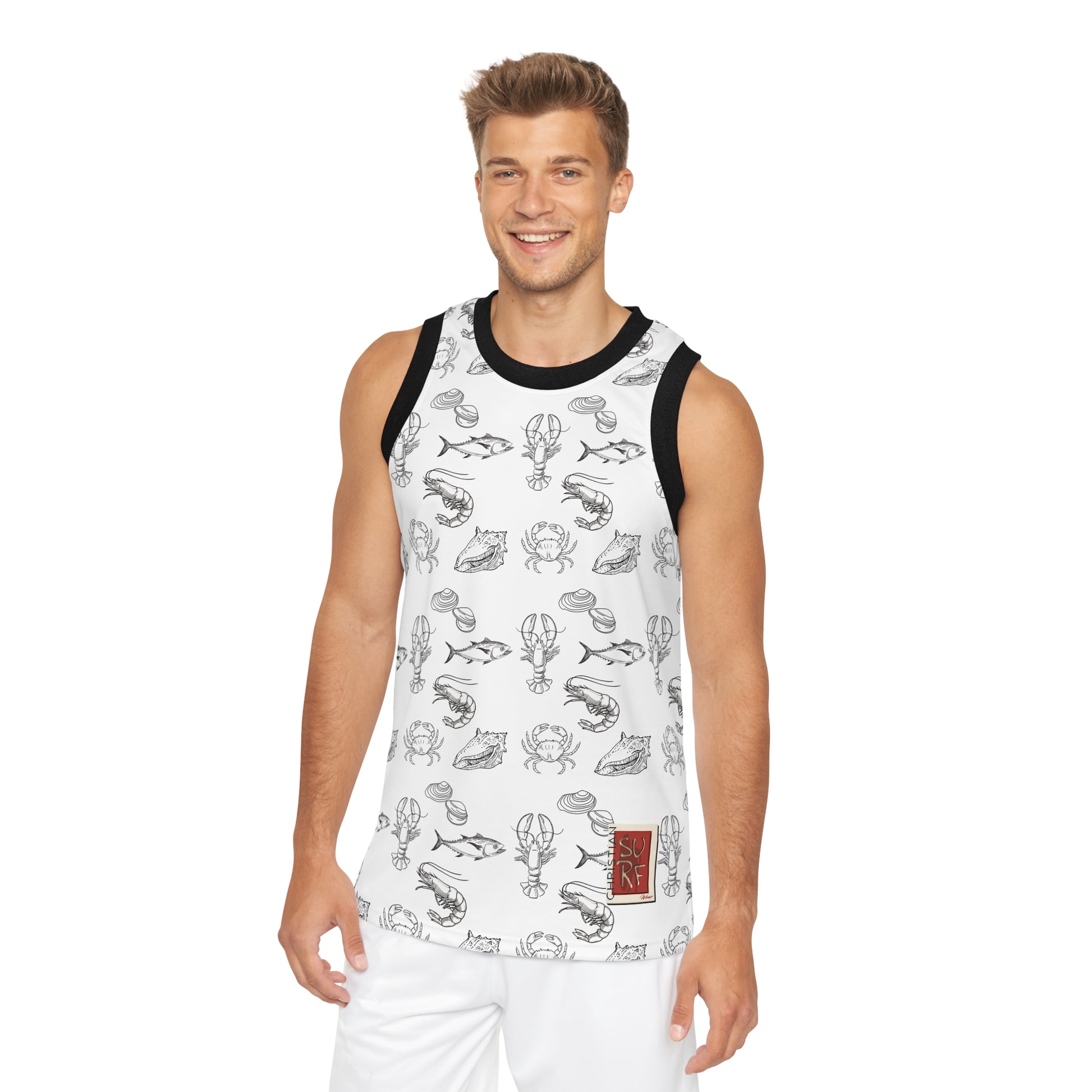 Christian Surf Wear Crab, Lobster, Clam, and Fish Graphic Unisex Nautical-Themed Basketball Jersey, Unique Sportswear, Beachwear, Gift for Athletes, Summer Style