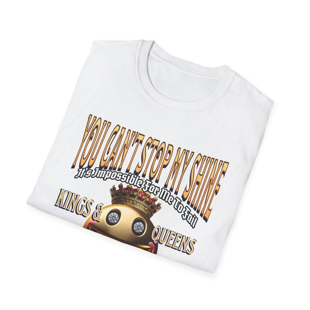 Pure White Kingdom Confidence Graphic Gold Happy Face Emoji Unisex T-Shirt: You Can’t Stop My Shine Tee, With GOD On My Side, Premium Casual-Tee