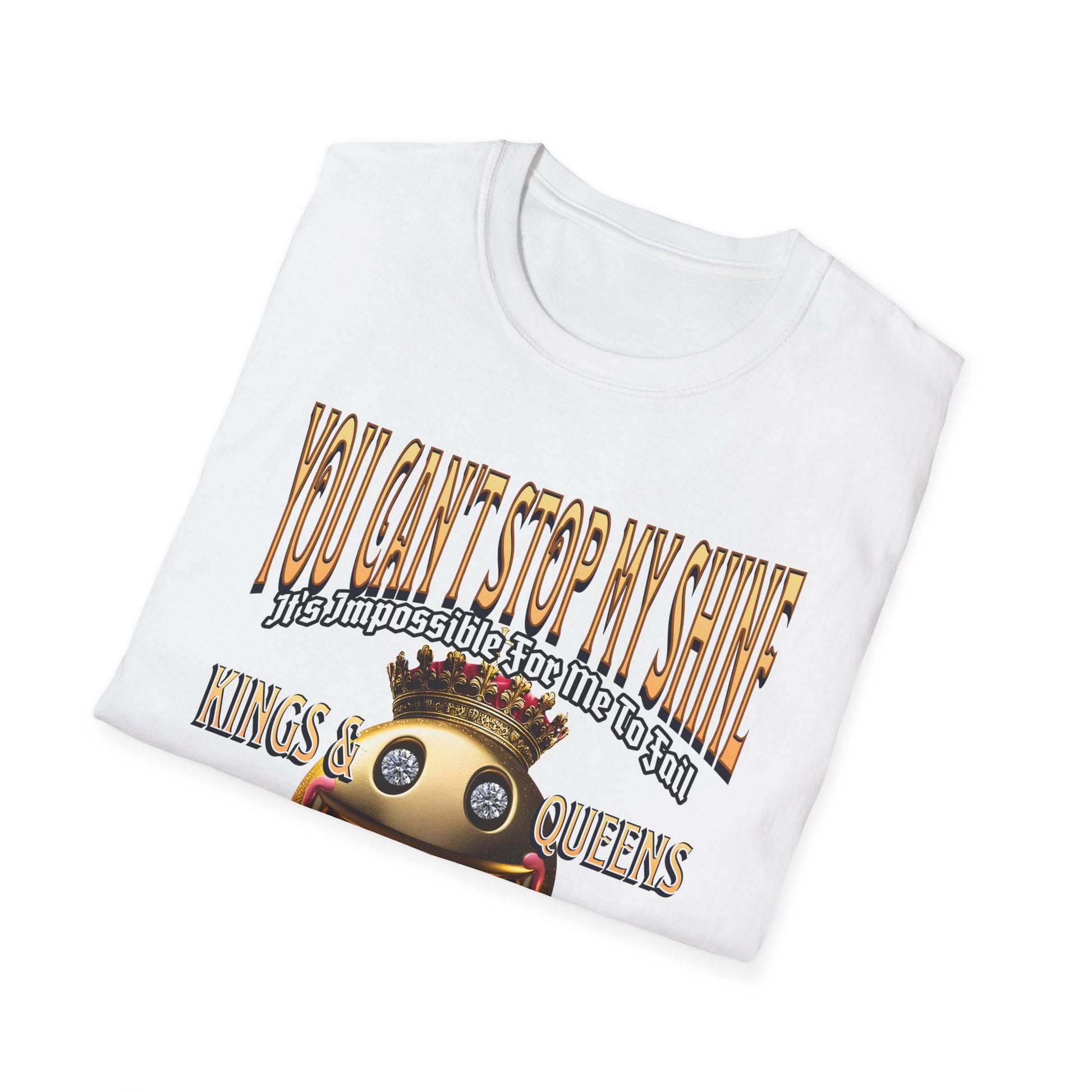 Pure White Kingdom Confidence Graphic Gold Happy Face Emoji Unisex T-Shirt: You Can’t Stop My Shine Tee, With GOD On My Side, Premium Casual-Tee