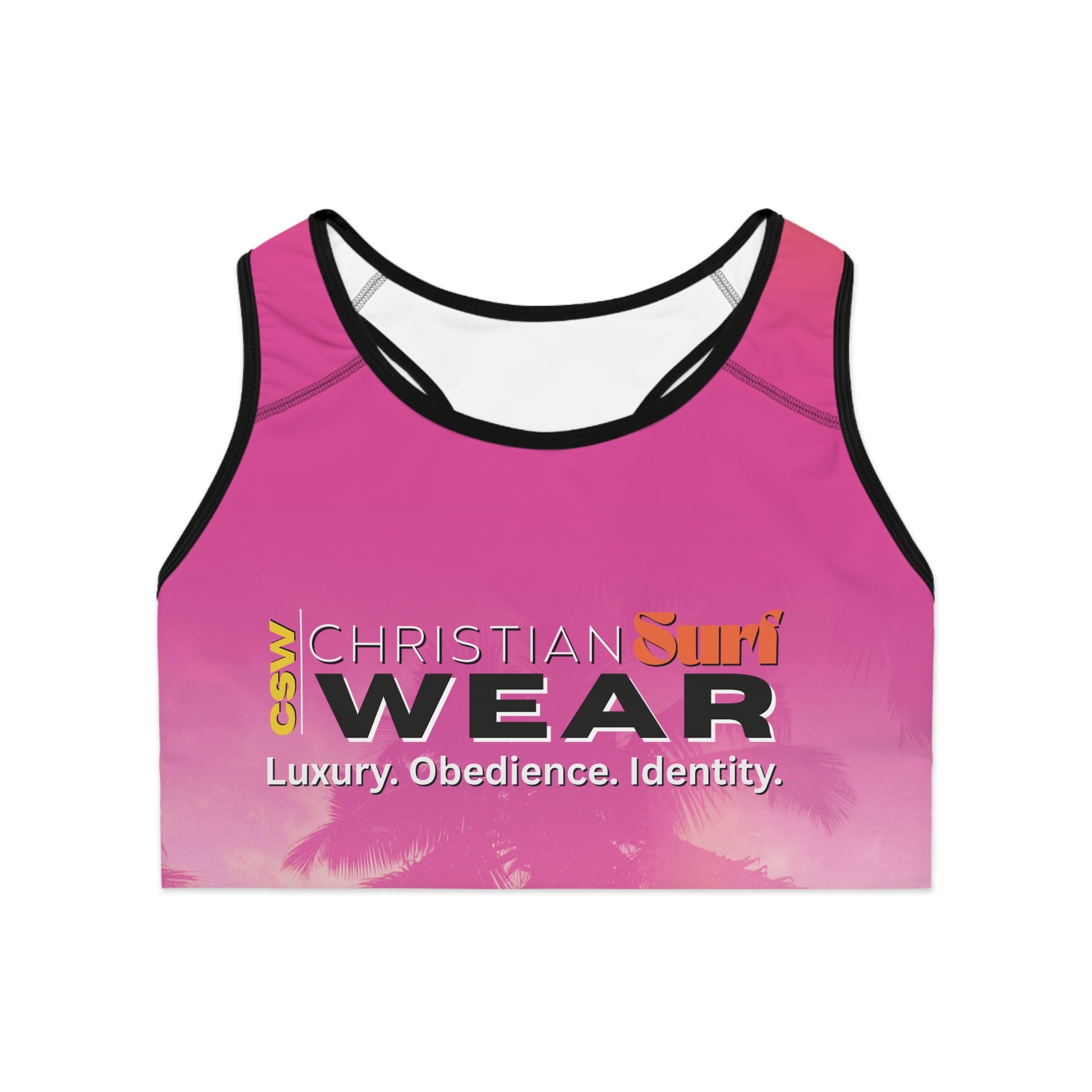 Christian Surf Wear Palm Tree Graphic Summer Surge Stylish Sports Bra, Activewear for Fitness Lovers, Yoga, Gym, Workouts, Gift for Her, Summer Vibes