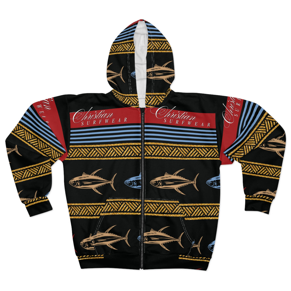 Tuna Pattern Zip Hoodie — Tropical Fishing Tribal Design by Christian Surf Wear