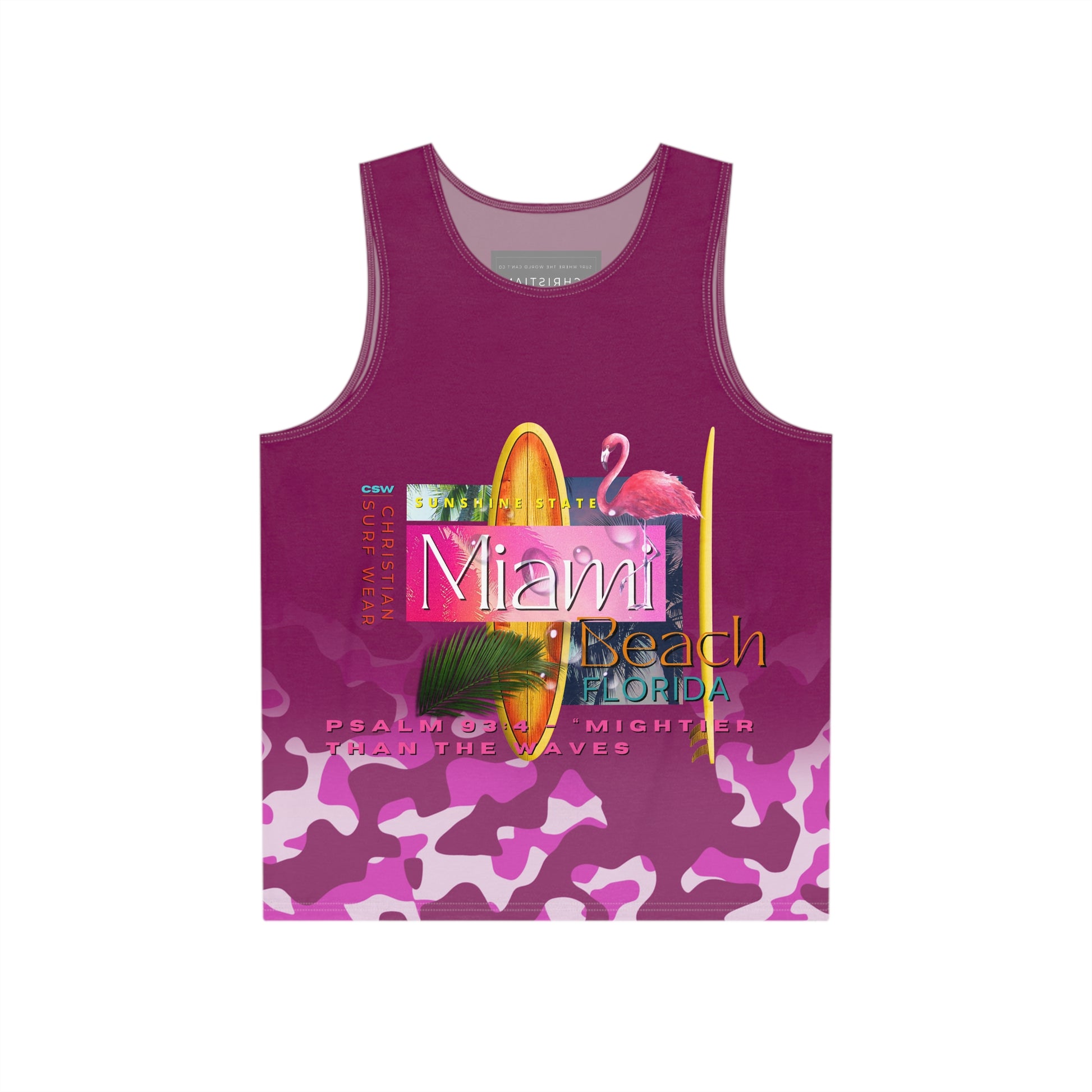 Christian Surf Wear Vintage Militant Vibrant Miami Beach theme Men's Tropical Miami Beach Tank, Summer Casual Wear, Vacation Essential, Beach Day Top, Party Outfit, Outdoor Activities