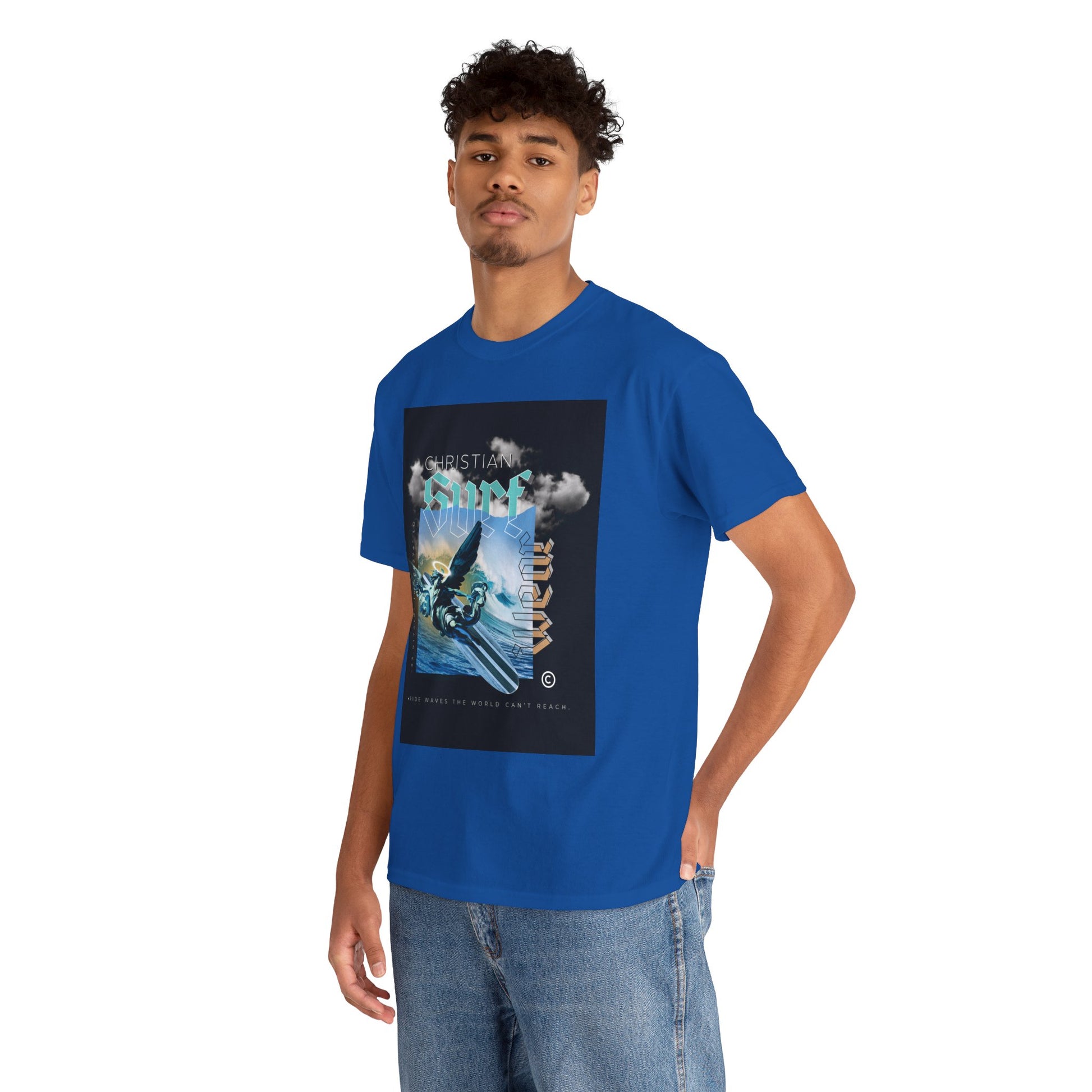 Surf Wear Angle Riding a Surfboard and a wave Graphic -Christian Surf Vibes Unisex Heavy Cotton Tee, Beachwear, Casual Shirt, Gift for Surfers, Summer Top, Spiritual Fashion