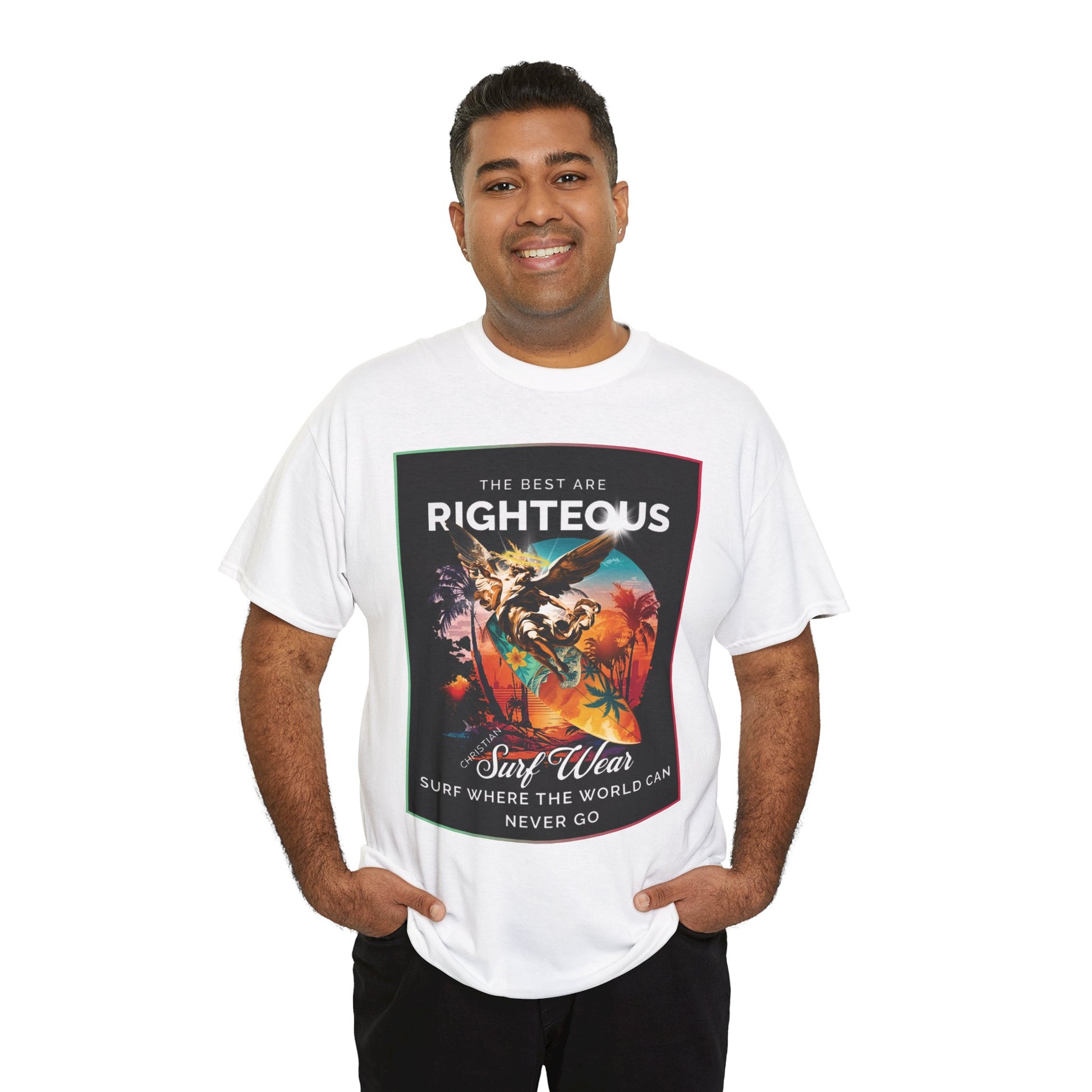 Angle at Work Surf Wear Vintage Beach Graphic - Angle riding a Surfboard Graphic Surfing Righteous Unisex Heavy Cotton Tee, Beachwear, Christian T-Shirt, Summer Fashion, Casual Style, Gift for Surfers