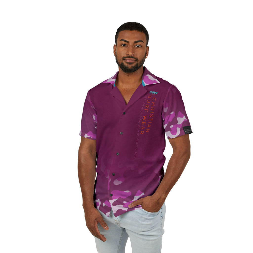 Christian Surf Wear Men's Hawaiian Camp Shirt - Christian Surf Wear Vintage Militant Miami Beach Themed Tropical Vacation Summer Beachwear Casual Party Attire