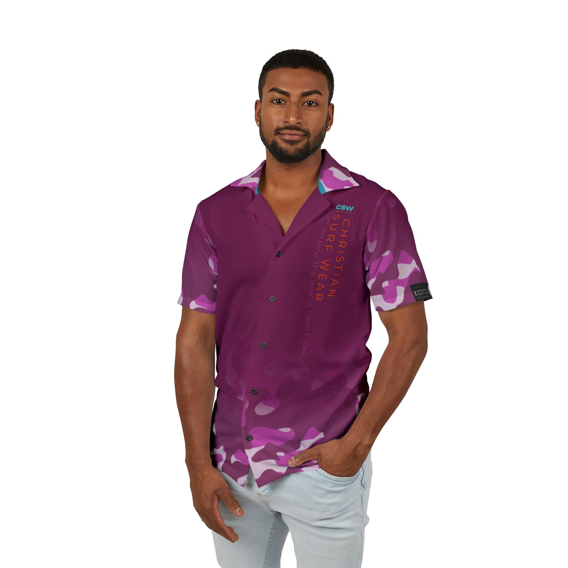 Christian Surf Wear Men's Hawaiian Camp Shirt - Christian Surf Wear Vintage Militant Miami Beach Themed Tropical Vacation Summer Beachwear Casual Party Attire