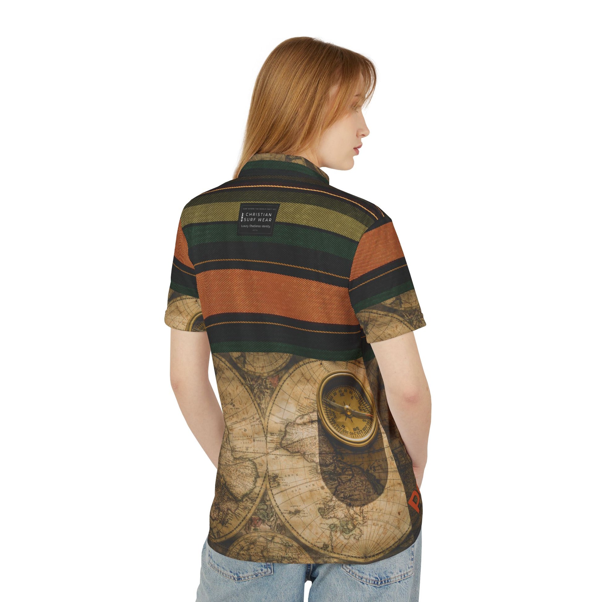 Christian Surf Wear Mosaic Premium Adventure Map Unisex Polo Shirt | Stylish Travel Attire, Perfect for Casual Outings, Father's Day Gift, Summer Fashion, Outdoor Enthusiasts