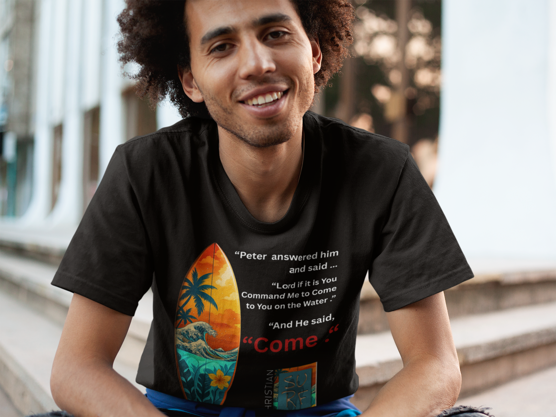 Street Wear Vintage Surf Board Graphic Art Work Unisex T-Shirt - Christian Surf Wear 'Move By Faith' Collection