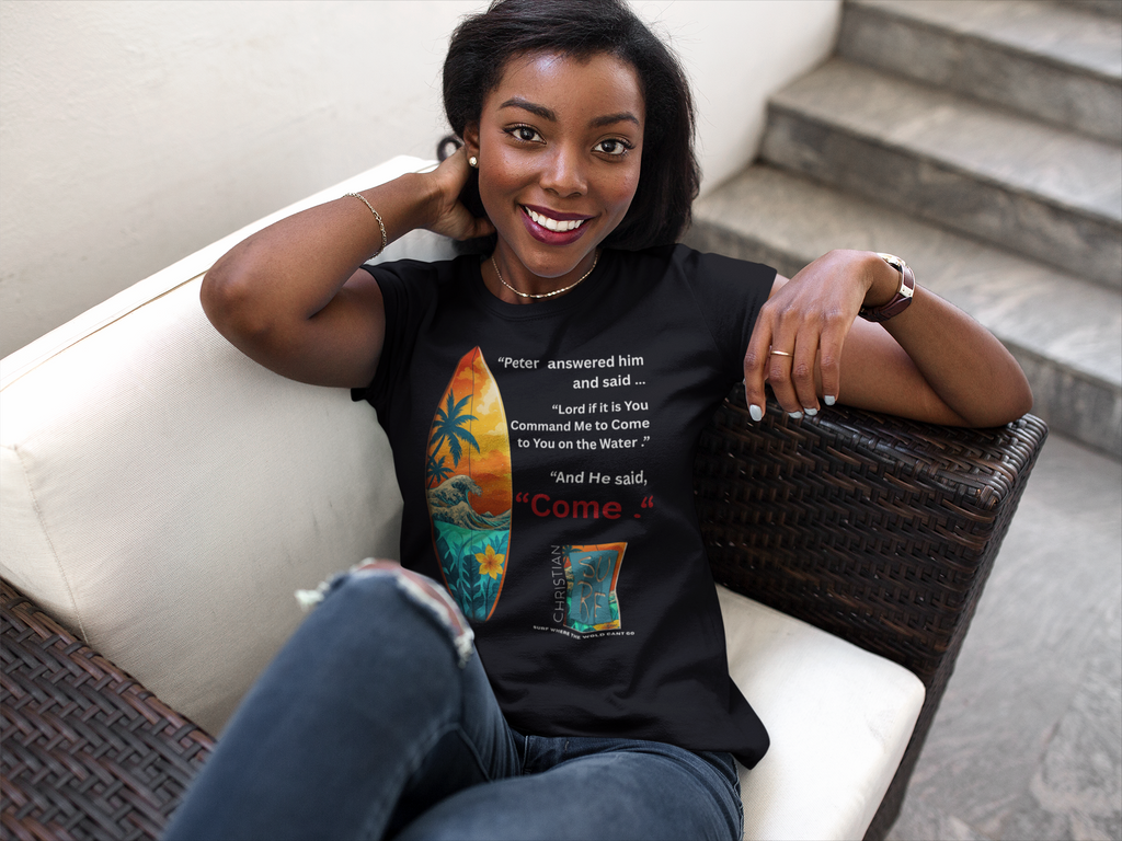 Street Wear Vintage Surf Board Graphic Art Work Unisex T-Shirt - Christian Surf Wear 'Move By Faith' Collection