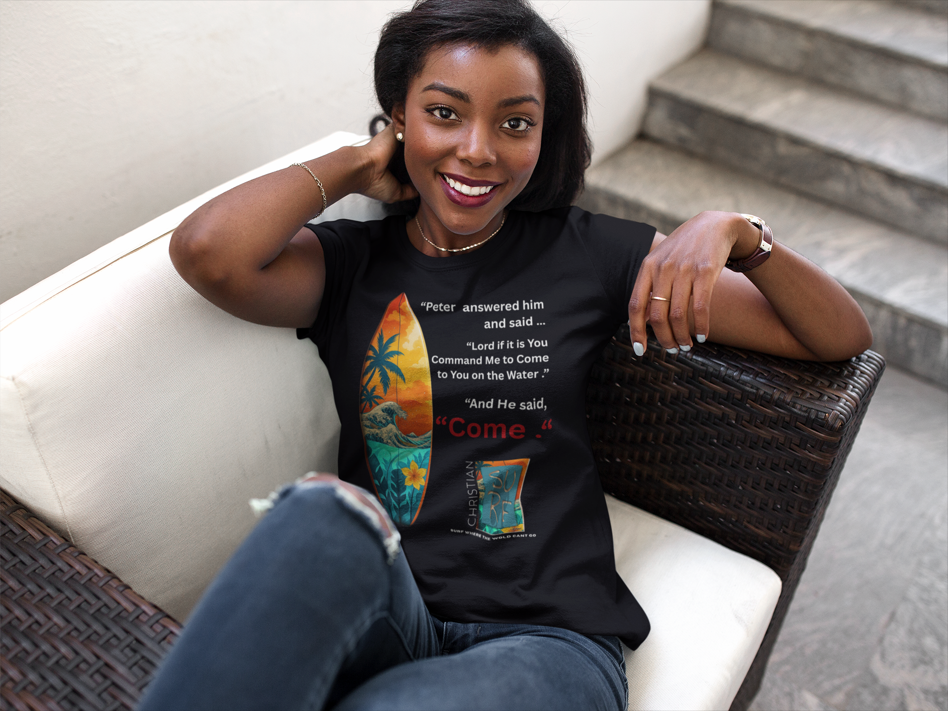 Street Wear Vintage Surf Board Graphic Art Work Unisex T-Shirt - Christian Surf Wear 'Move By Faith' Collection