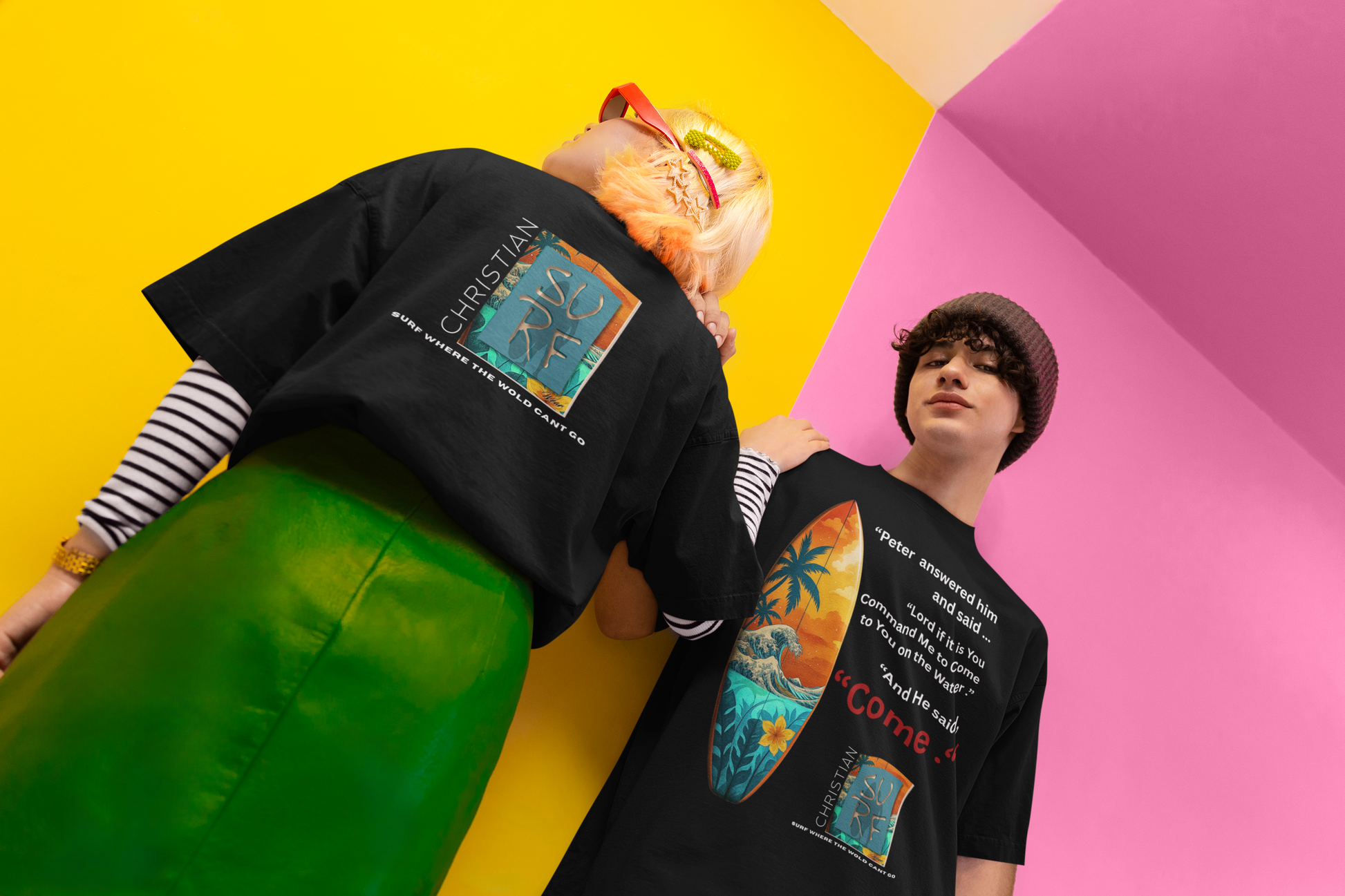 Street Wear Vintage Surf Board Graphic Art Work Unisex T-Shirt - Christian Surf Wear 'Move By Faith' Collection