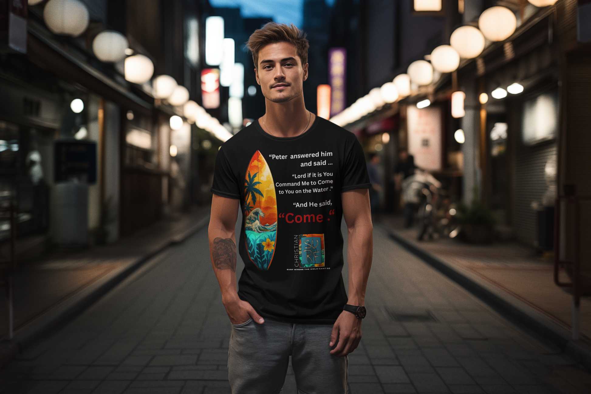 Street Wear Vintage Surf Board Graphic Art Work Unisex T-Shirt - Christian Surf Wear 'Move By Faith' Collection