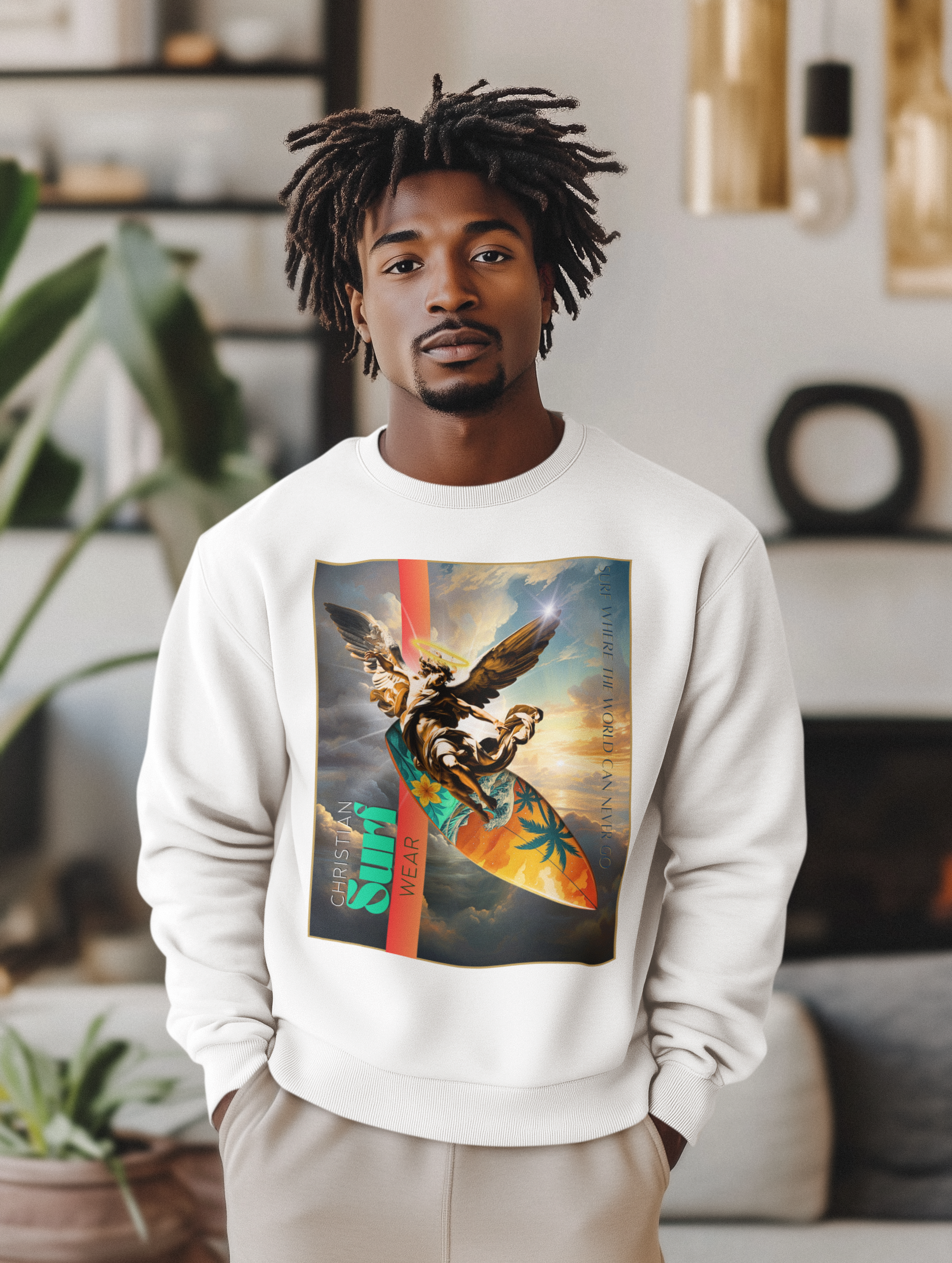 Unisex Fleece Sweatshirt with Surf Vibes, Cozy Surfing Crew Sweatshirt, Christian Gift, Beach Holiday Apparel, Summer Essentials