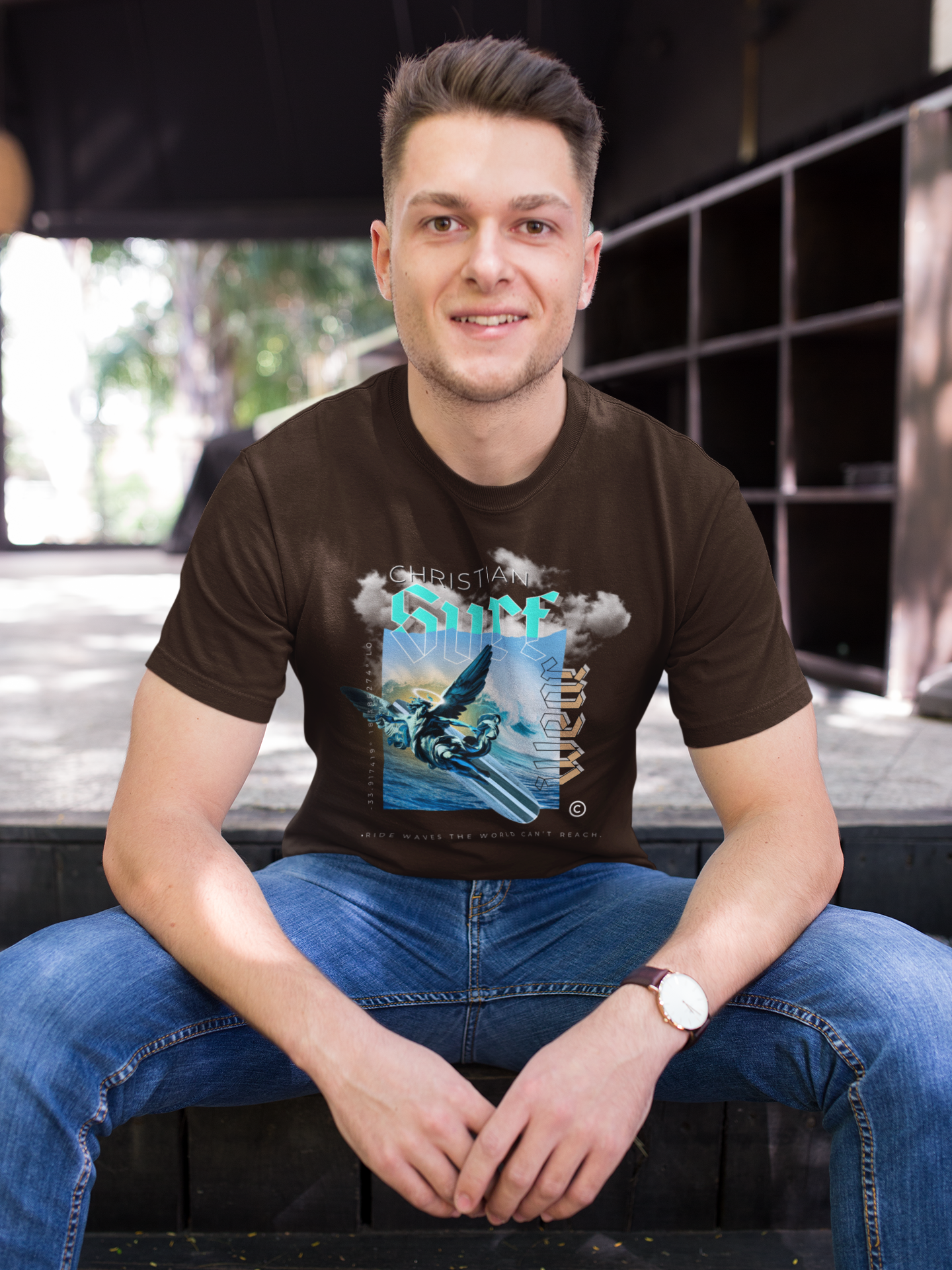 Surf Wear Angle Riding a Surfboard and a wave Graphic -Christian Surf Vibes Unisex Heavy Cotton Tee, Beachwear, Casual Shirt, Gift for Surfers, Summer Top, Spiritual Fashion