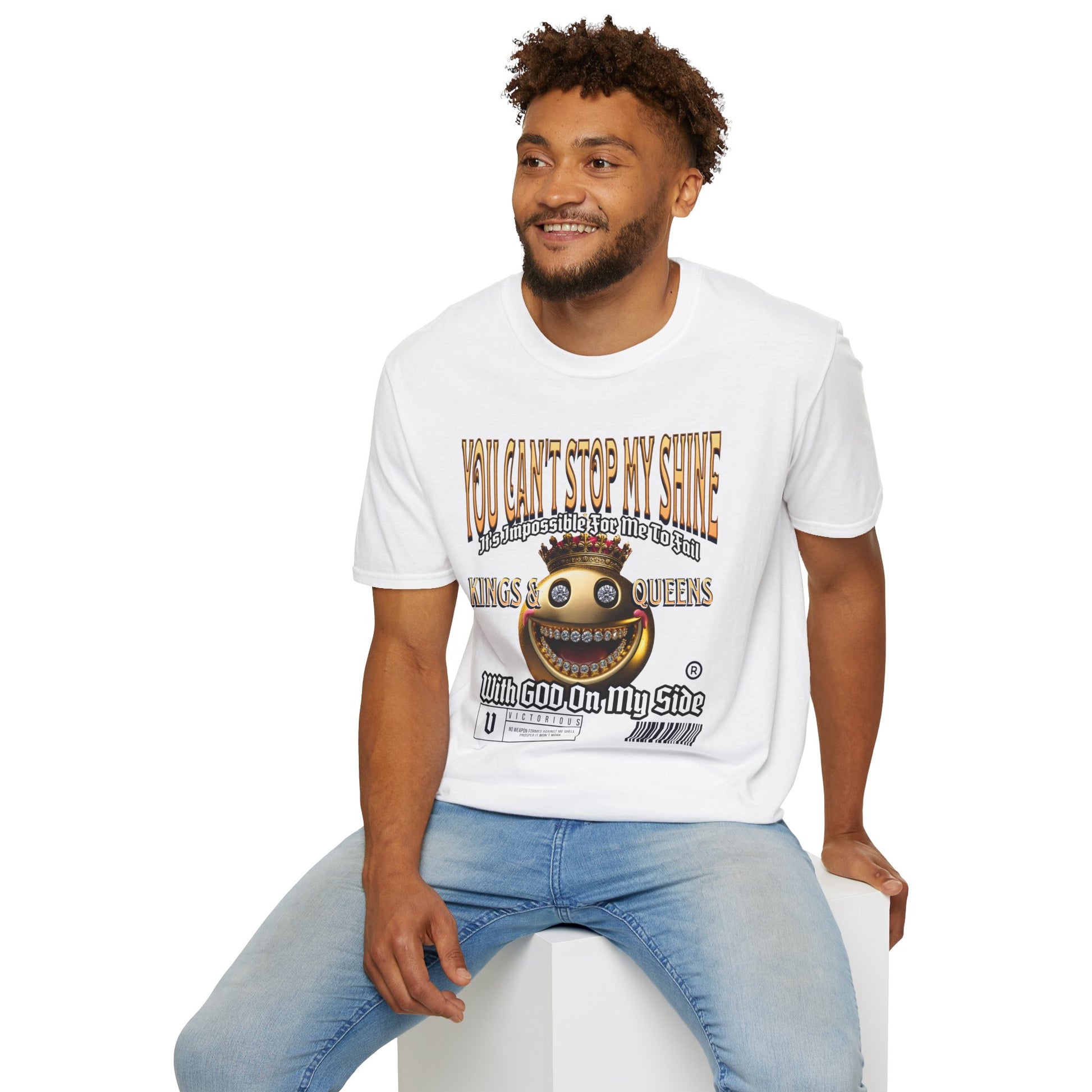 Pure White Kingdom Confidence Graphic Gold Happy Face Emoji Unisex T-Shirt: You Can’t Stop My Shine Tee, With GOD On My Side, Premium Casual-Tee