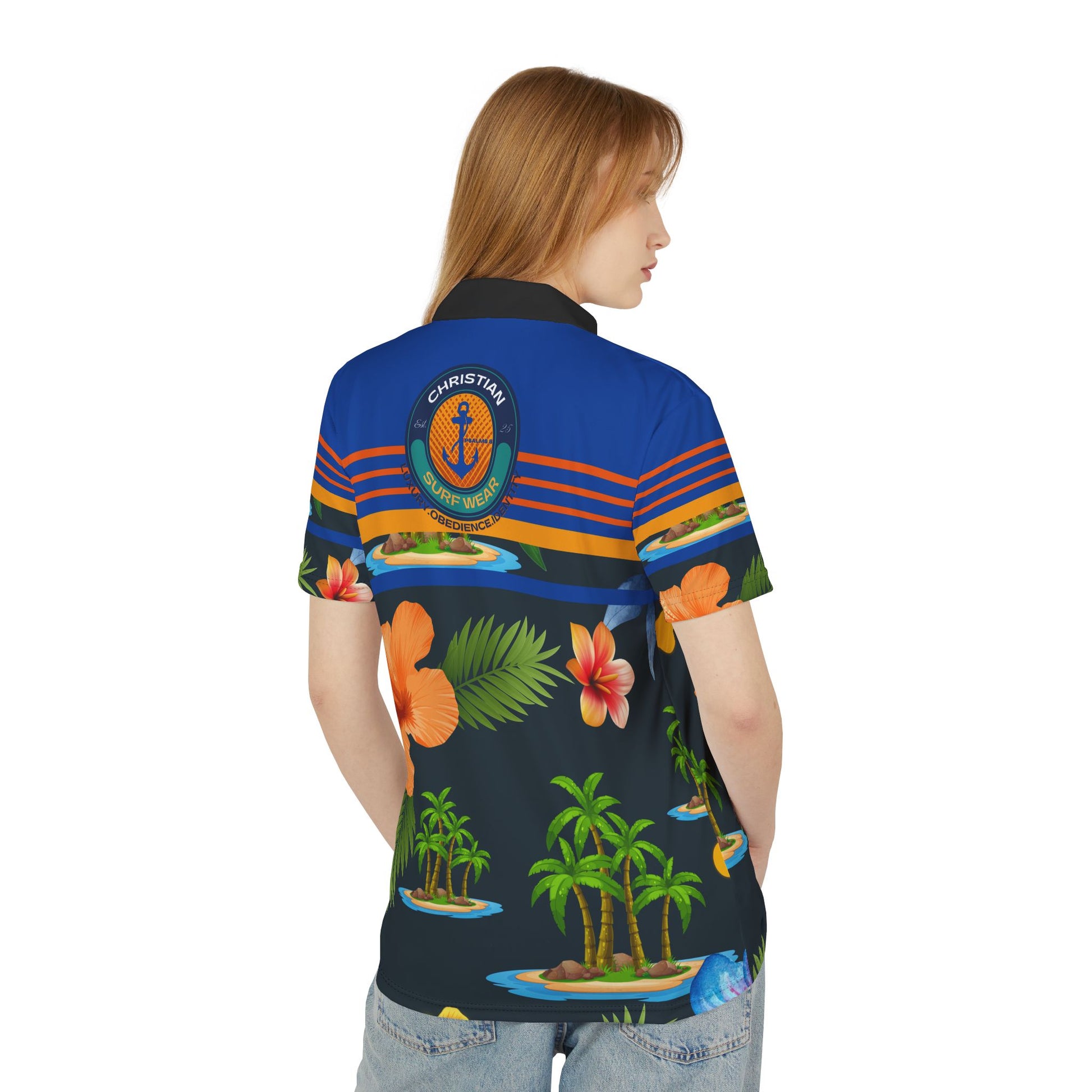 Harbor of Victory Polo – Anchor & Horizon Blue Edition, by Christian Surf Wear® Tagline: “Luxury. Obedience. Identity.”, Gift for Him, Colorful Floral Design