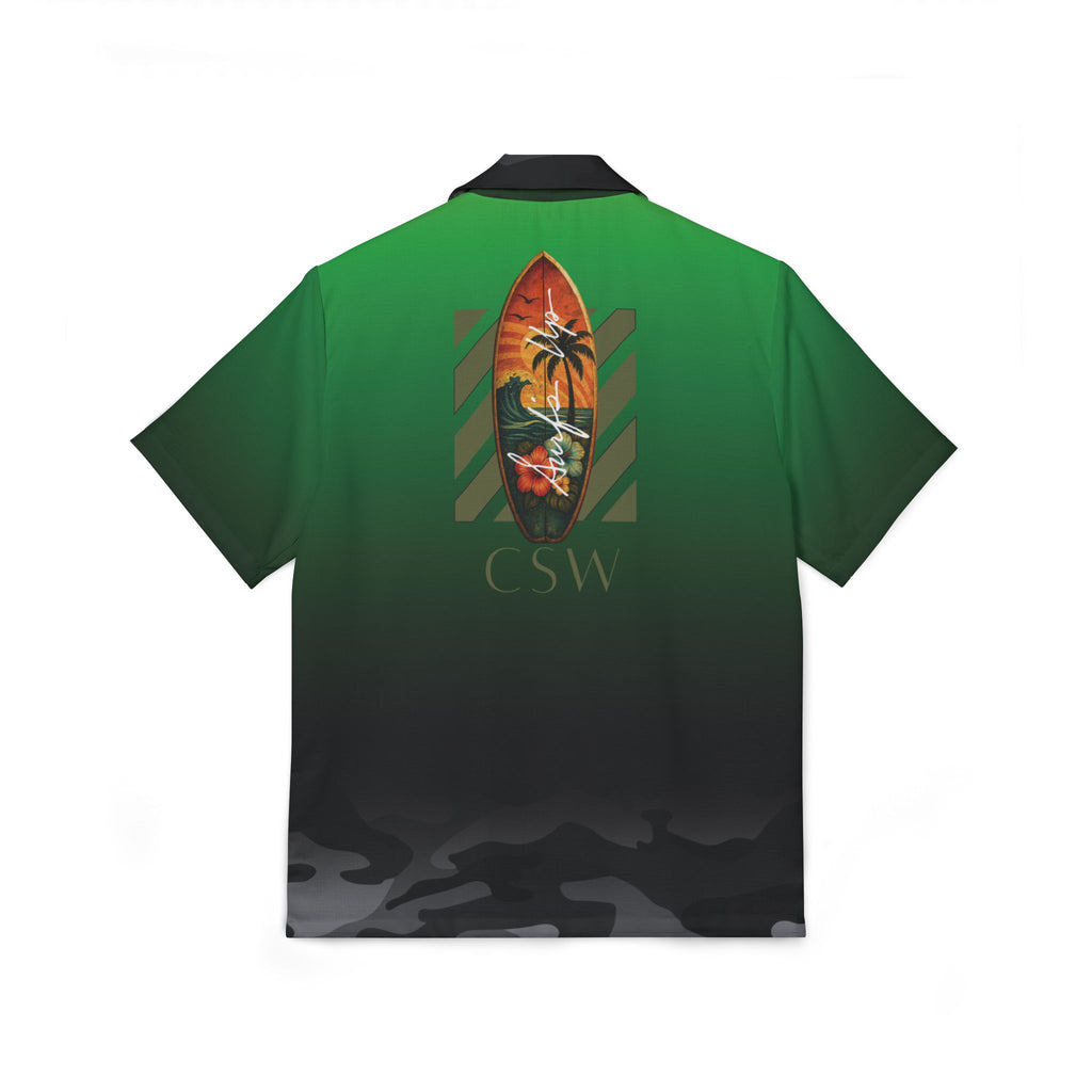 Christian Surf Wear Camp Shirt - CSW Signature Military Green and Black Camo with Surfboard Crest Embroidery