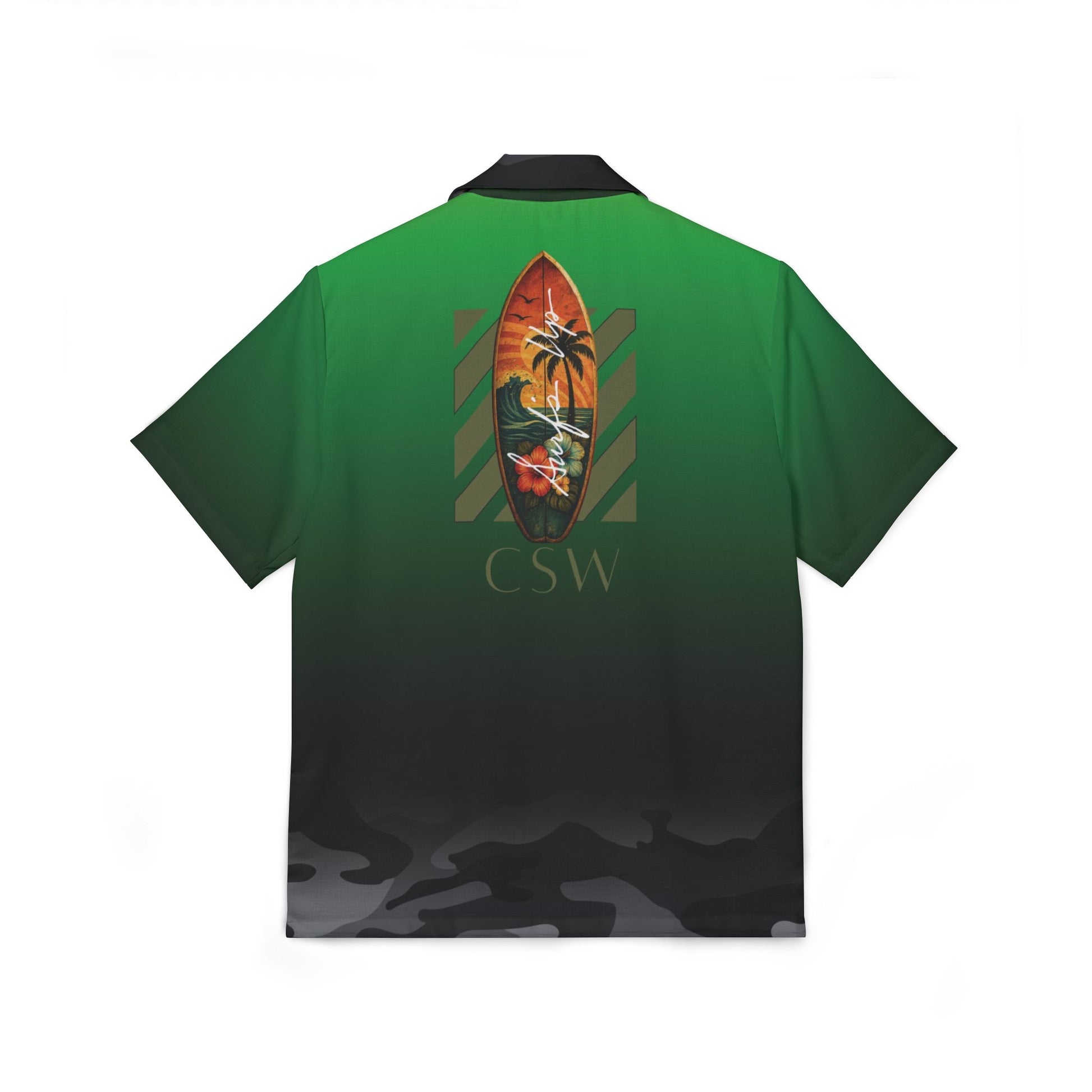 Christian Surf Wear Camp Shirt - CSW Signature Military Green and Black Camo with Surfboard Crest Embroidery