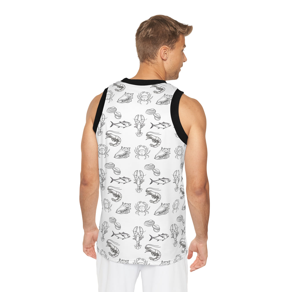 Christian Surf Wear Crab, Lobster, Clam, and Fish Graphic Unisex Nautical-Themed Basketball Jersey, Unique Sportswear, Beachwear, Gift for Athletes, Summer Style