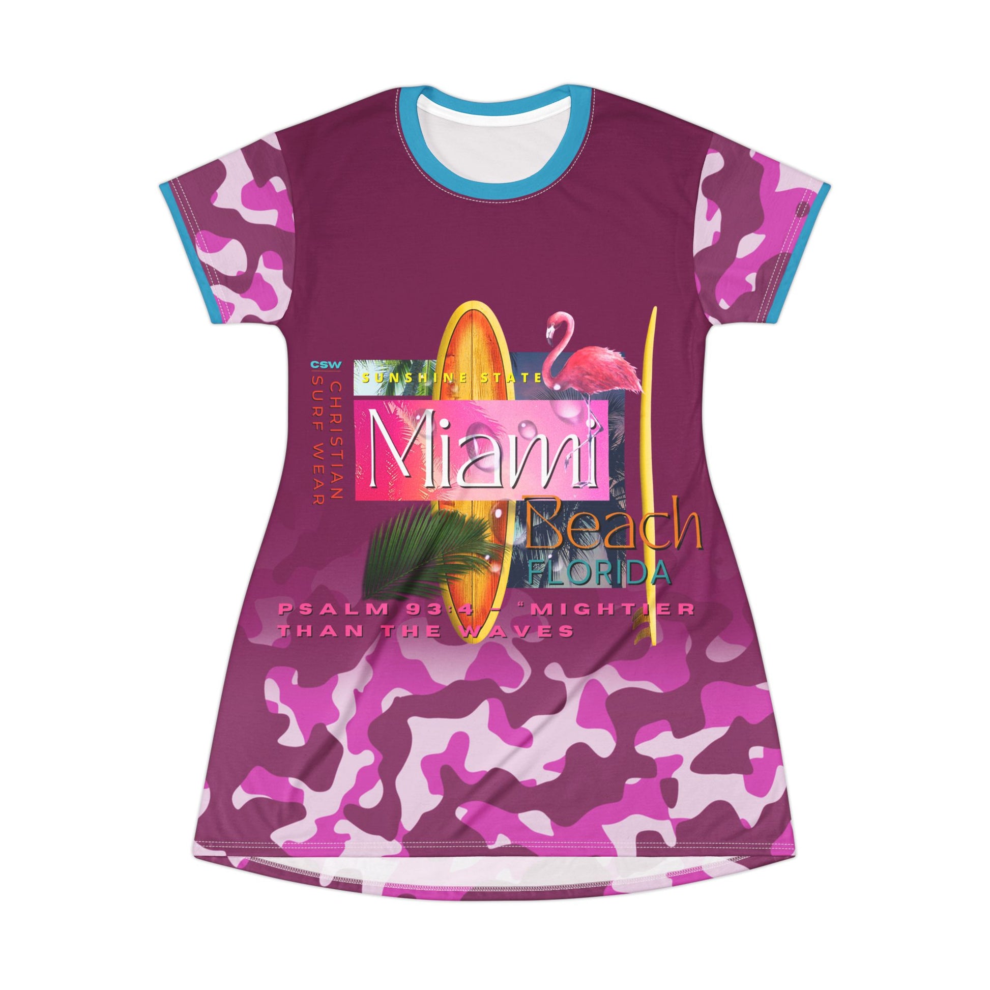 Christian Surf Wear Vibrant Vintage Militant Miami Beach T-Shirt Dress, Summer Dress, Casual Beachwear, Vacation Outfit, Laid-Back Style, Surf Wear