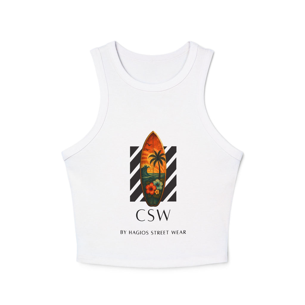Christian Surf Wear Typography CSW By Hagios Street Wear Tropical Surf Tank Top, Summer Activewear, Beachwear, Vacation Outfit, Yoga Top, Graphic Racerback Top