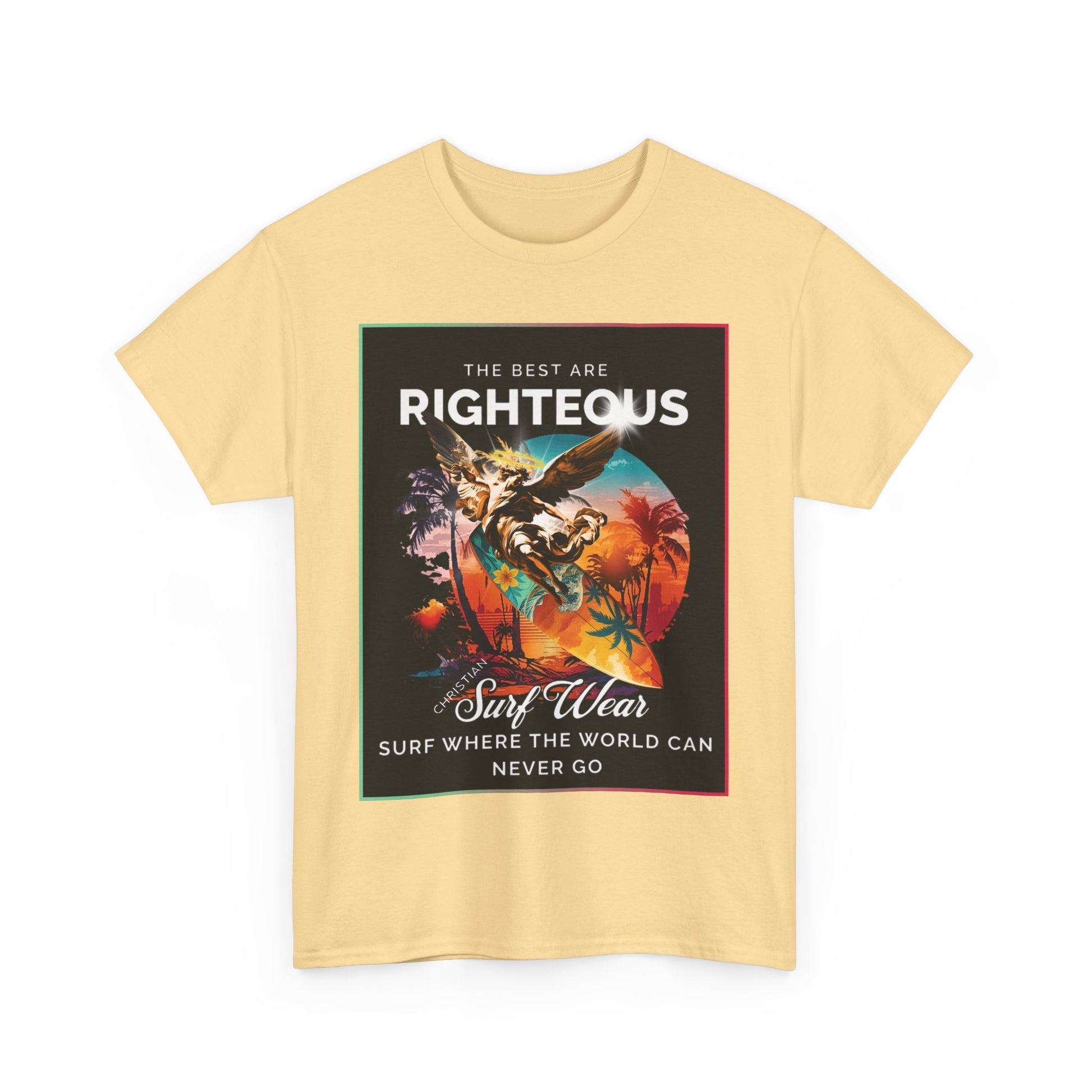 Angle at Work Surf Wear Vintage Beach Graphic - Angle riding a Surfboard Graphic Surfing Righteous Unisex Heavy Cotton Tee, Beachwear, Christian T-Shirt, Summer Fashion, Casual Style, Gift for Surfers