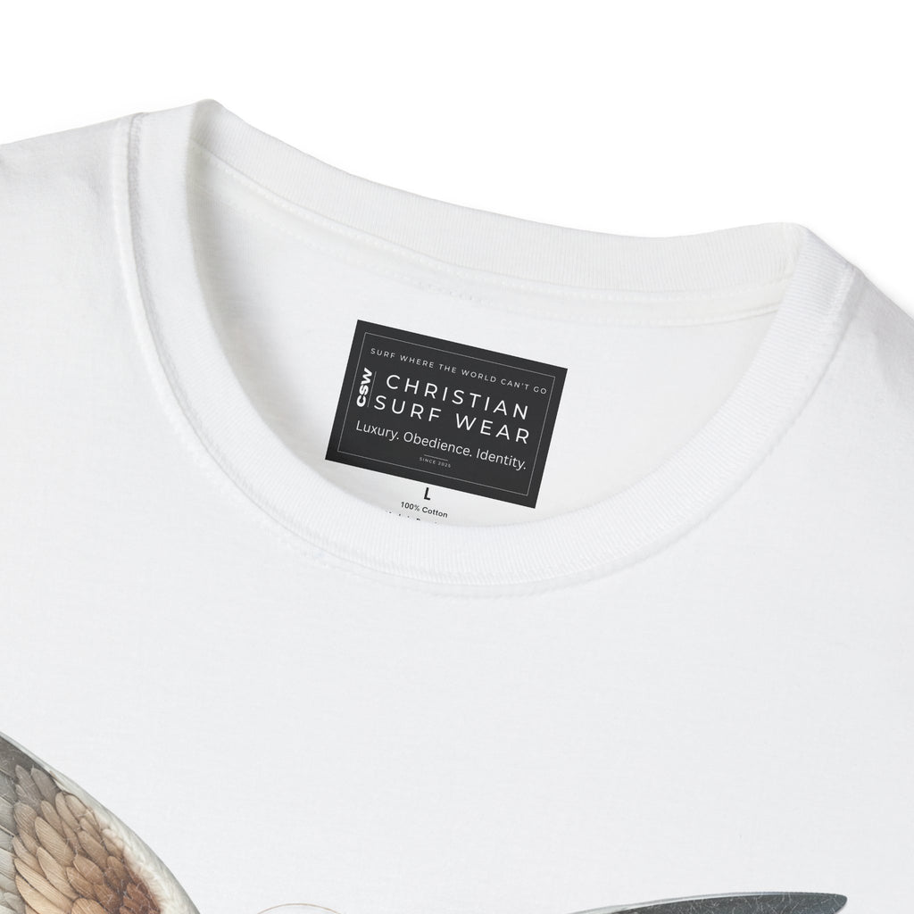Christian Surf Wear Angel Graphic Unisex Softstyle T-Shirt | Casual Wear, Gift for Her/Him, Birthday, Spiritual Vibe, Everyday Fashion