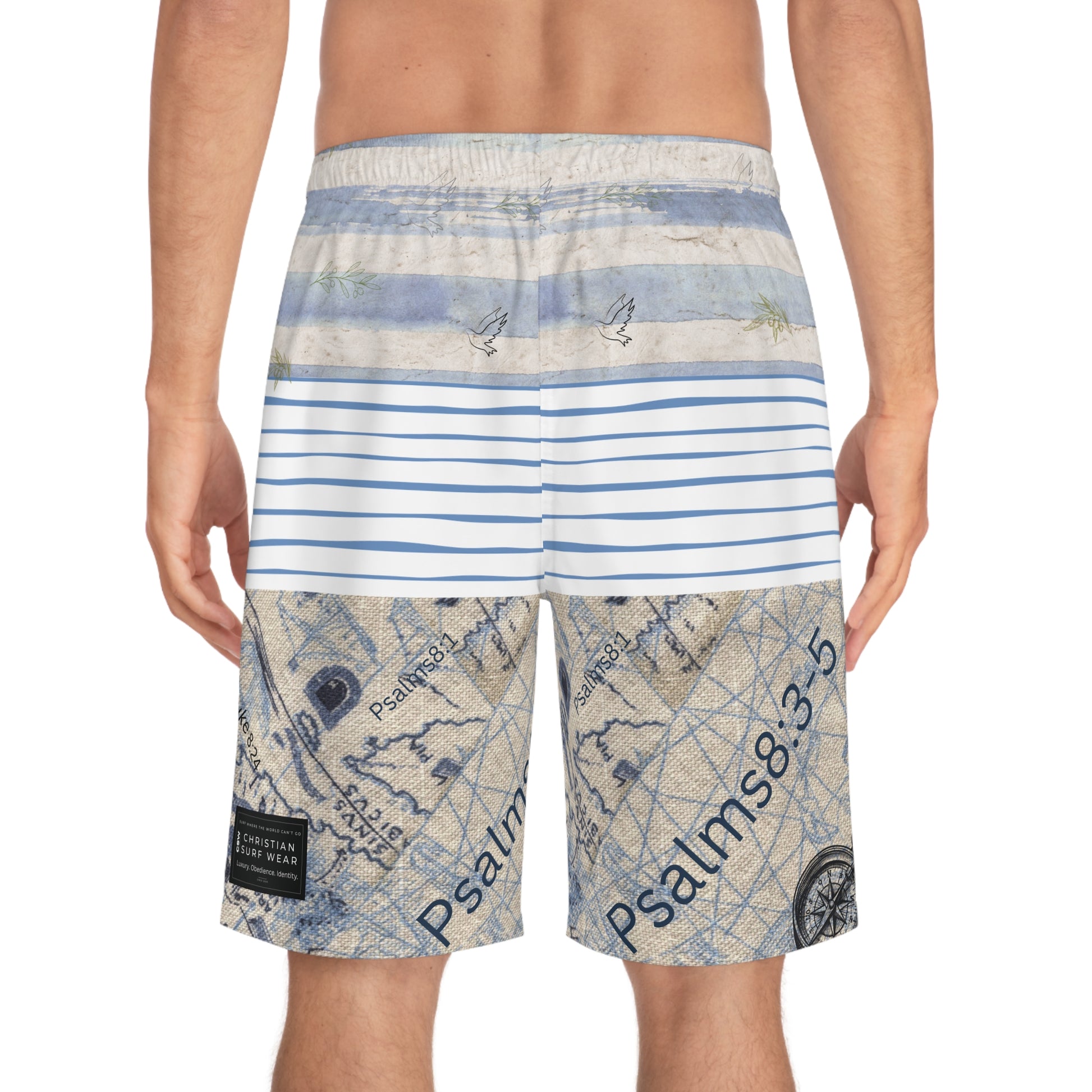 Christian Surf Wear Vintage Map Graphic Stylish Men's Board Shorts, Beachwear, Swim Shorts, Summer Essentials, Vacation Attire, Graphic Swimwear
