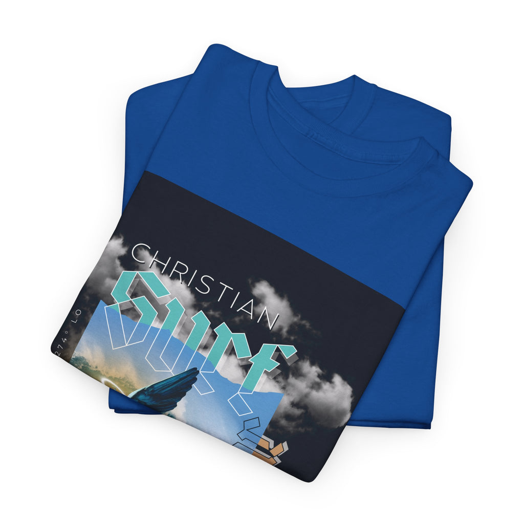 Surf Wear Angle Riding a Surfboard and a wave Graphic -Christian Surf Vibes Unisex Heavy Cotton Tee, Beachwear, Casual Shirt, Gift for Surfers, Summer Top, Spiritual Fashion