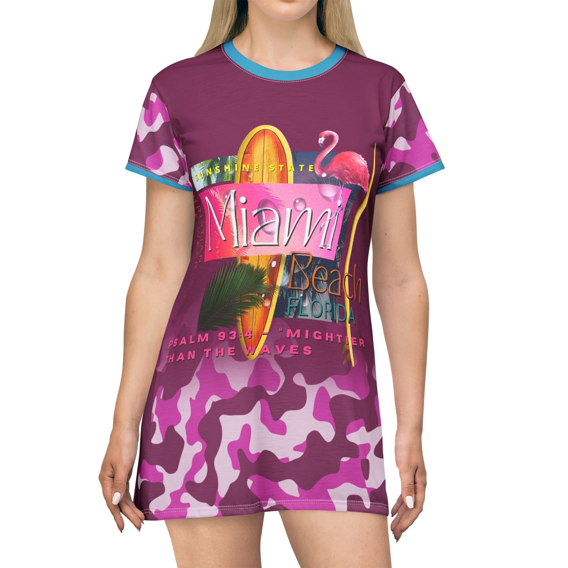 Christian Surf Wear Vibrant Vintage Militant Miami Beach T-Shirt Dress, Summer Dress, Casual Beachwear, Vacation Outfit, Laid-Back Style, Surf Wear