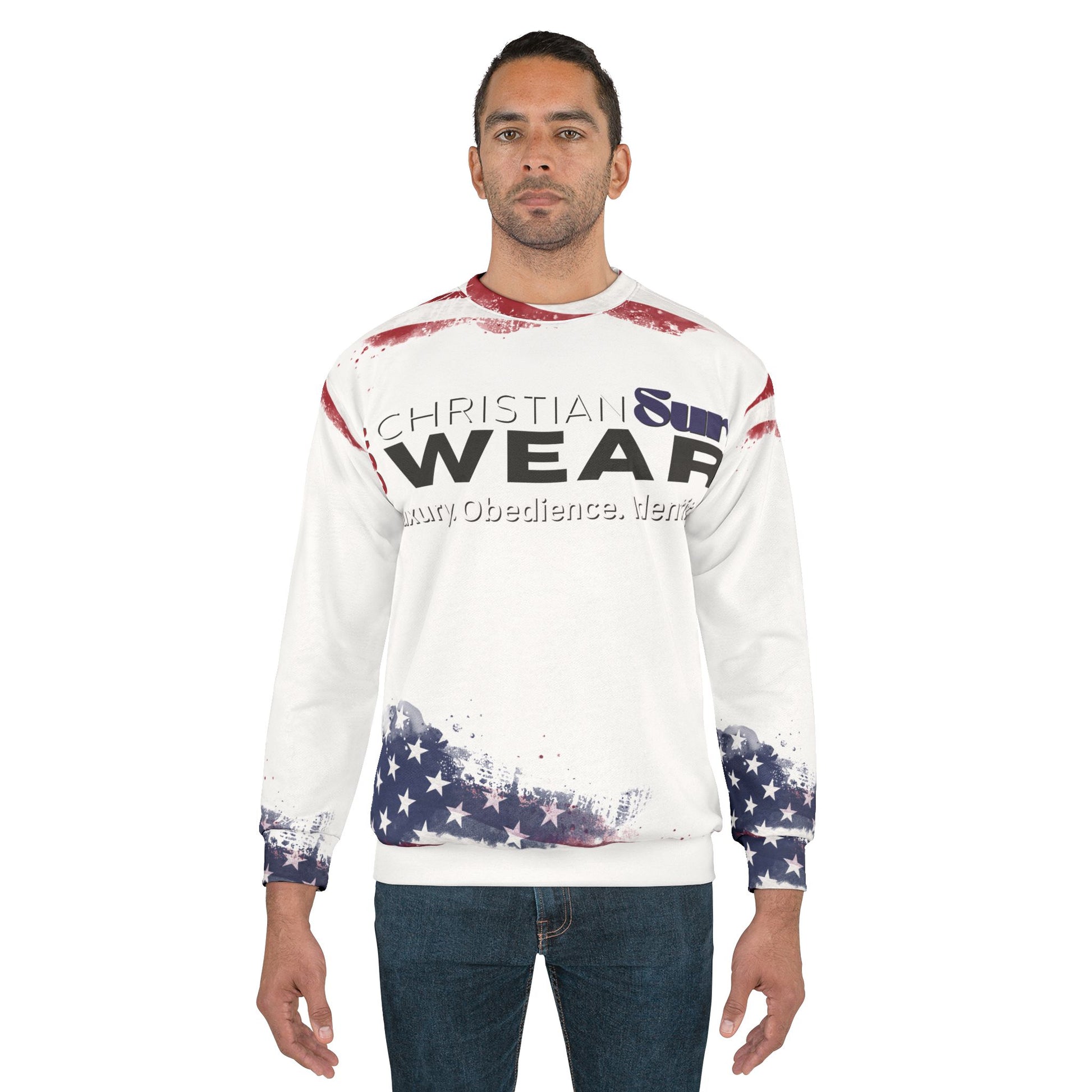 Christian Surf Wear Unisex American Flag Sweatshirt, Patriotic Crewneck for Surf Enthusiasts, Ideal for July 4th, Beach Days, Casual Wear, Gift for Adventurers