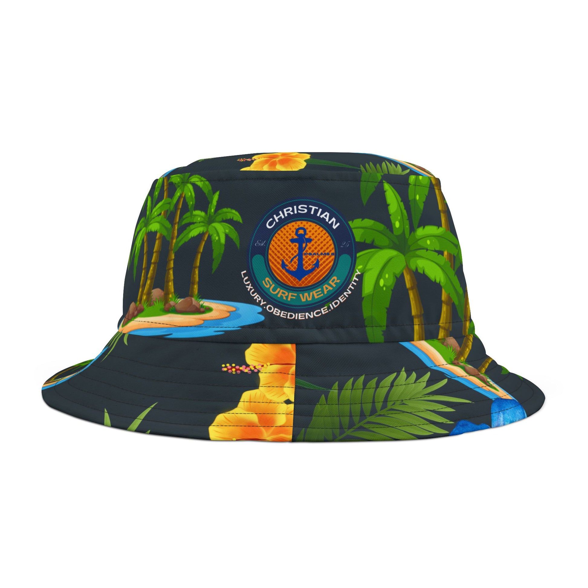 Anchor & Horizon Blue Tropical Nautical Bucket Hat – By Christian Surf Wear | Vibrant AOP Floral Vacation Hat, Beachwear & Travel Accessory