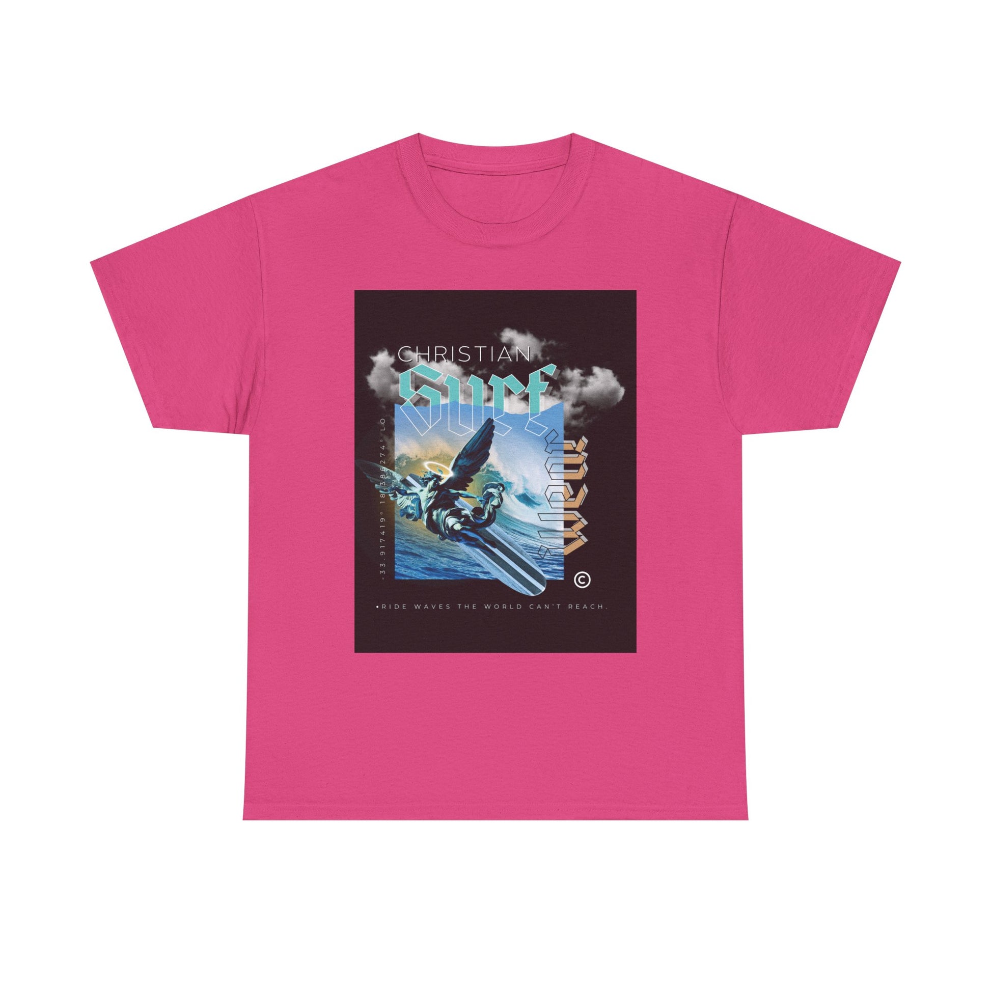 Surf Wear Angle Riding a Surfboard and a wave Graphic -Christian Surf Vibes Unisex Heavy Cotton Tee, Beachwear, Casual Shirt, Gift for Surfers, Summer Top, Spiritual Fashion