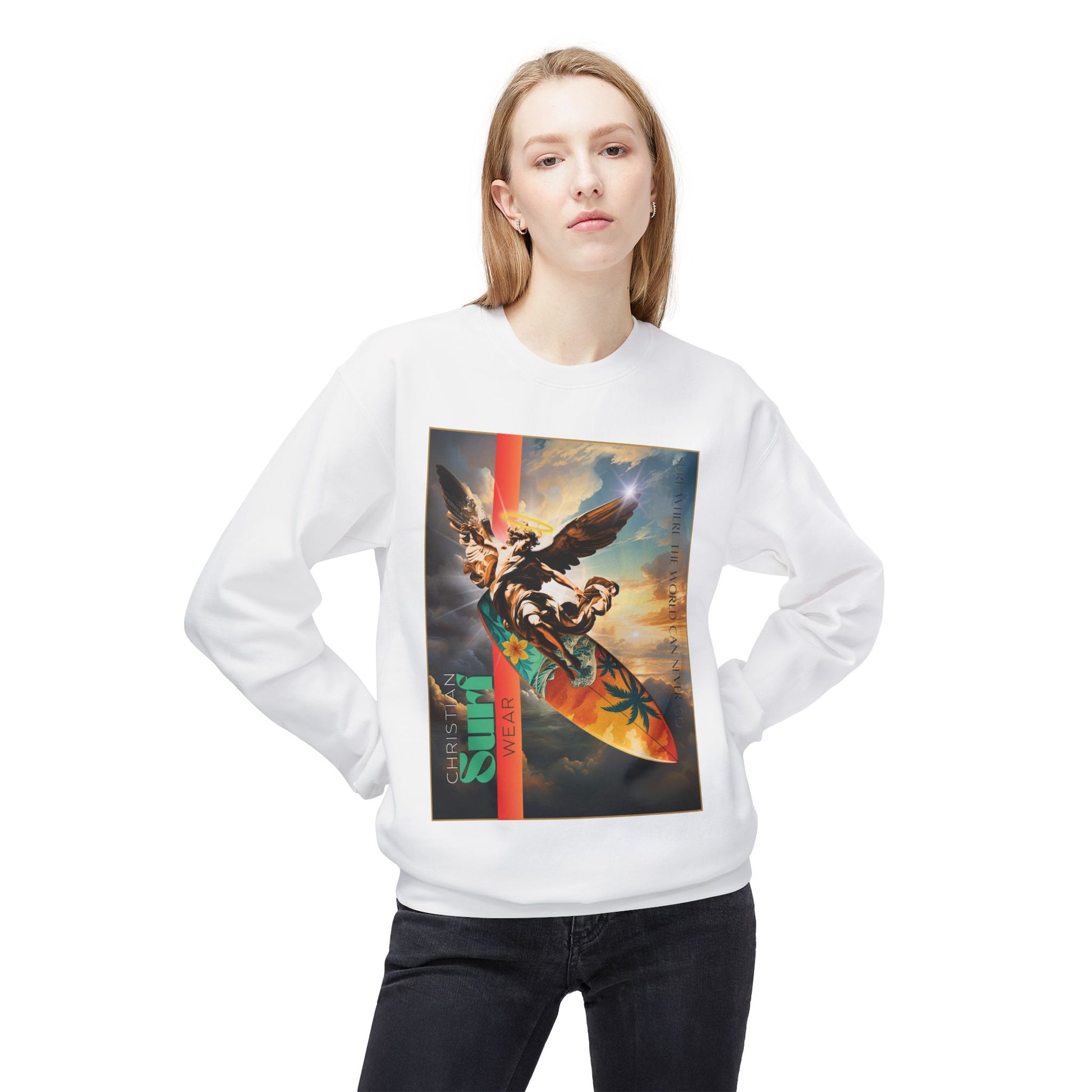 Unisex Fleece Sweatshirt with Surf Vibes, Cozy Surfing Crew Sweatshirt, Christian Gift, Beach Holiday Apparel, Summer Essentials