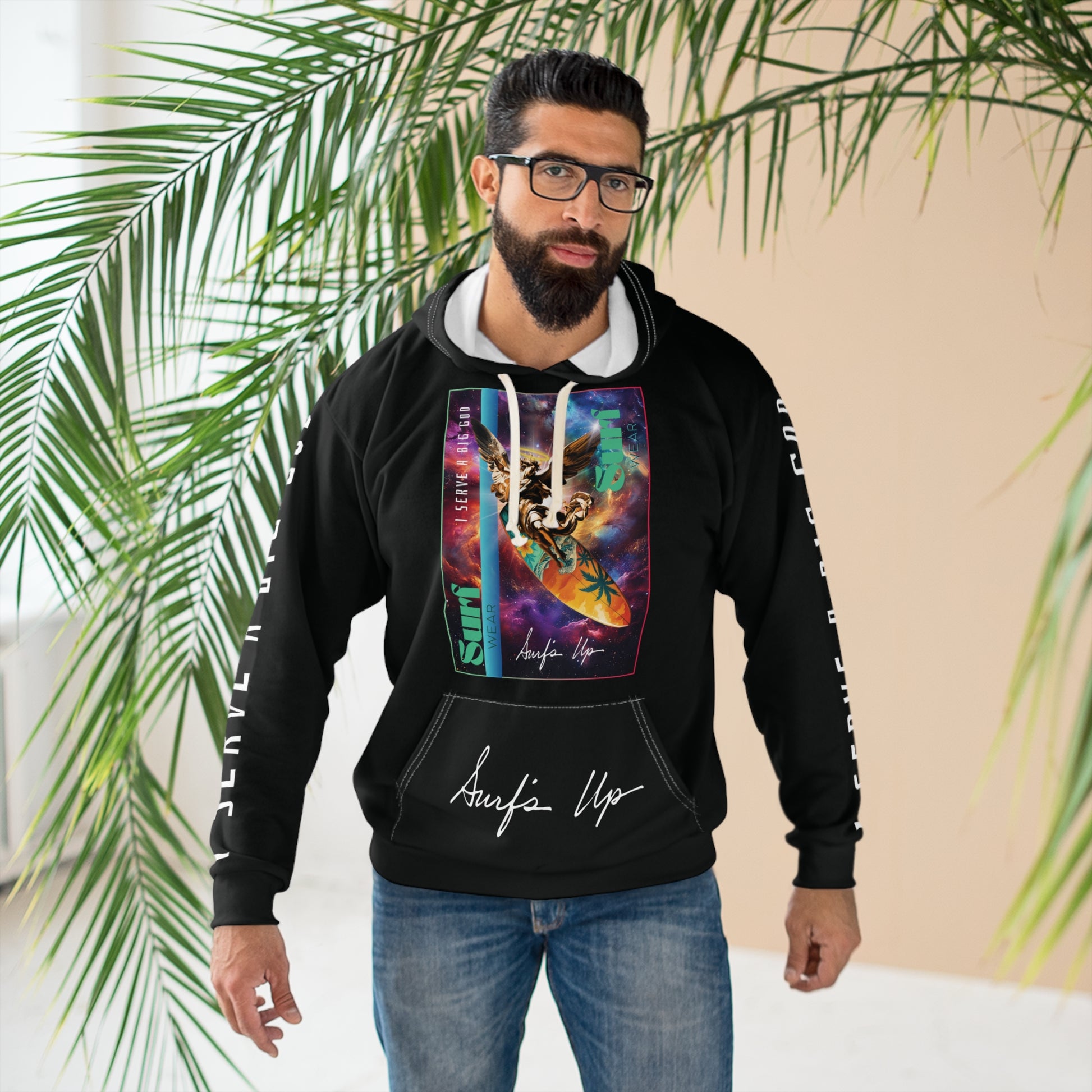 Prophetic Surf Style Unisex Pullover Hoodie | Angel Drop Art Shirt, Galaxy Graphic, Streetwear for Believers | I Serve a Big God Faith