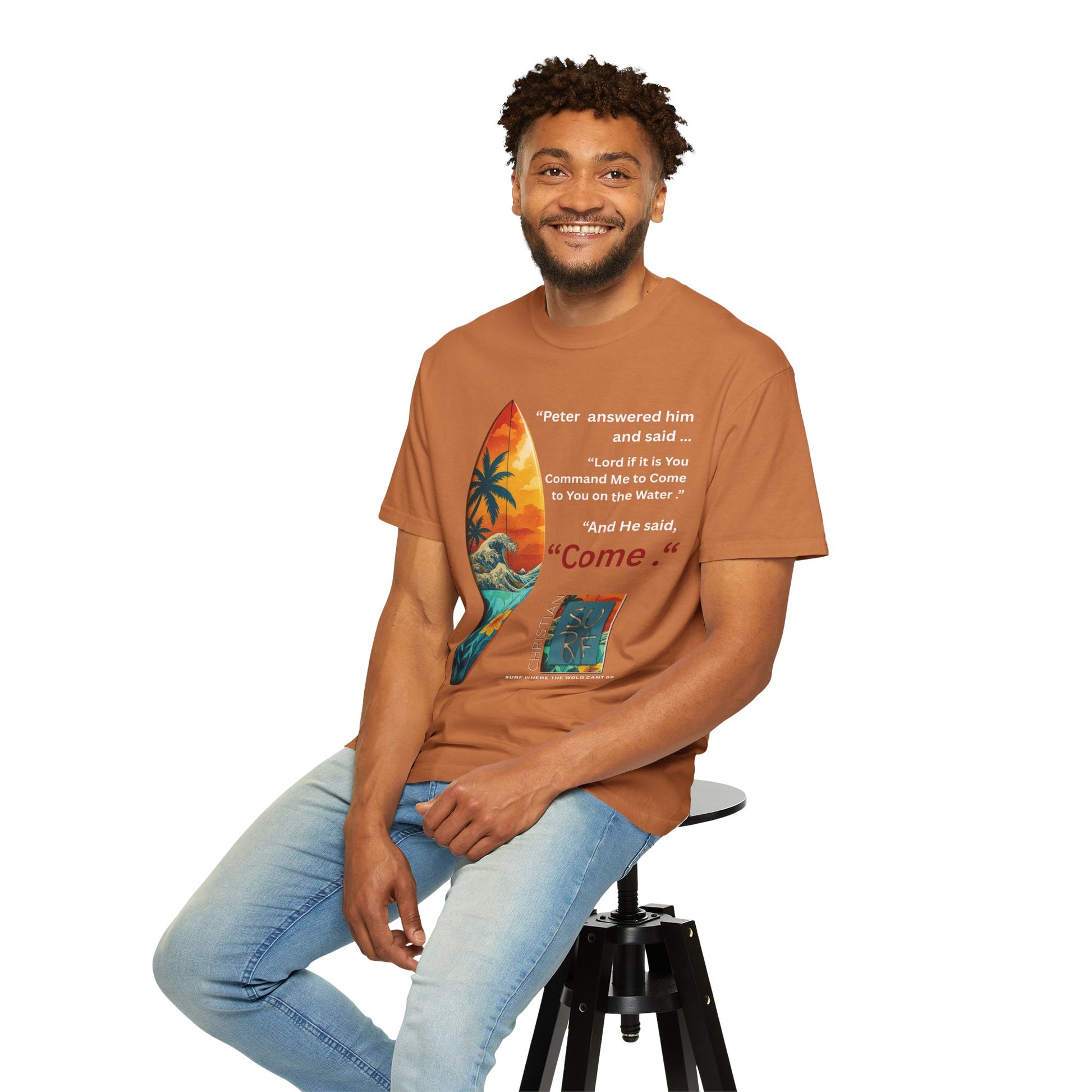 Street Wear Vintage Surf Board Graphic Art Work Unisex T-Shirt - Christian Surf Wear 'Move By Faith' Collection